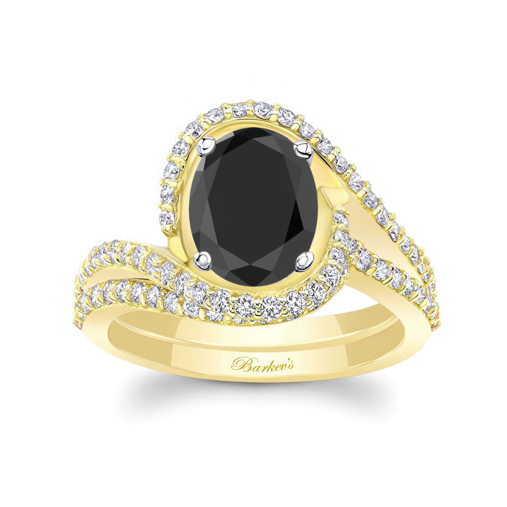 2 Carat Oval Black And White Diamond Wedding Ring Set with a stunning black center stone and pave diamond accents.