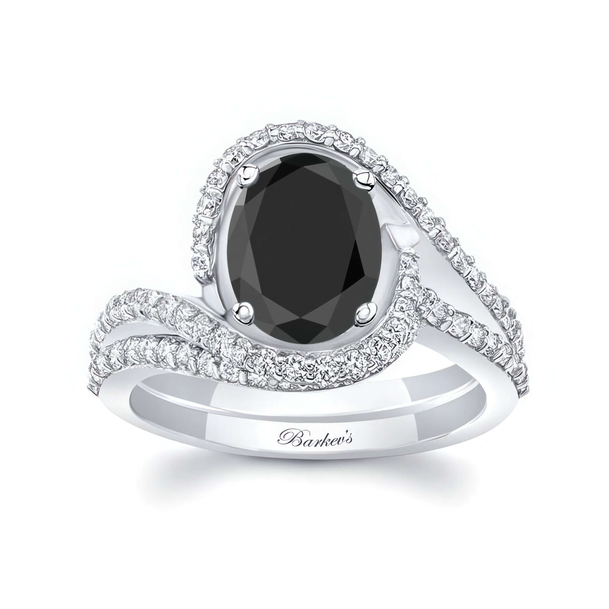 2 Carat Oval Black And White Diamond Wedding Ring Set featuring an oval black diamond and pave diamonds in a split shank design.