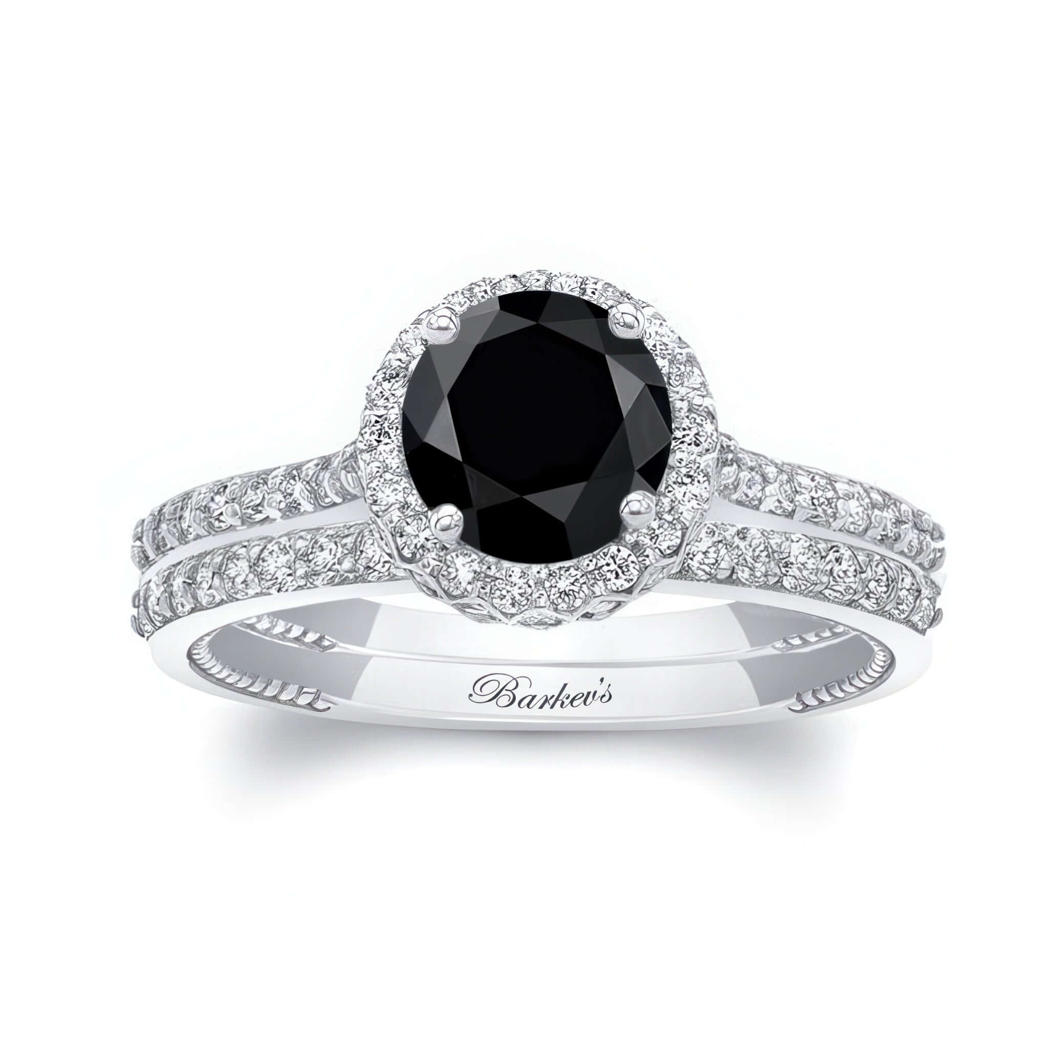 Round Halo Black And White Diamond Wedding Set featuring a black center stone and sparkling halo accents.