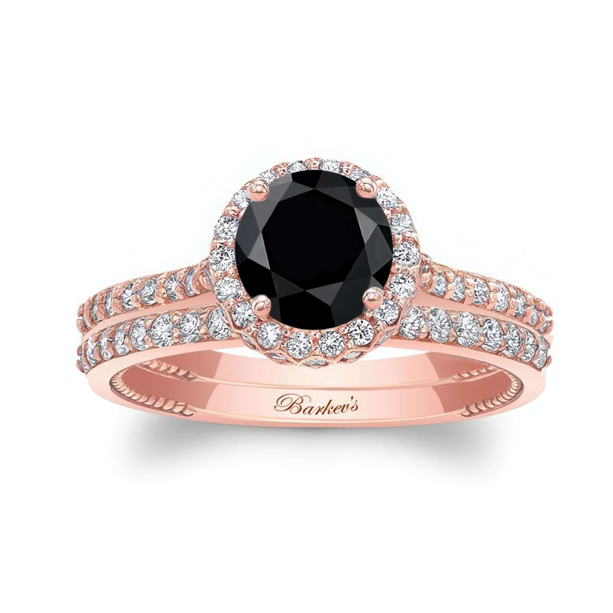 Round Halo Black And White Diamond Wedding Set featuring black center stone and rose gold band with diamond accents.