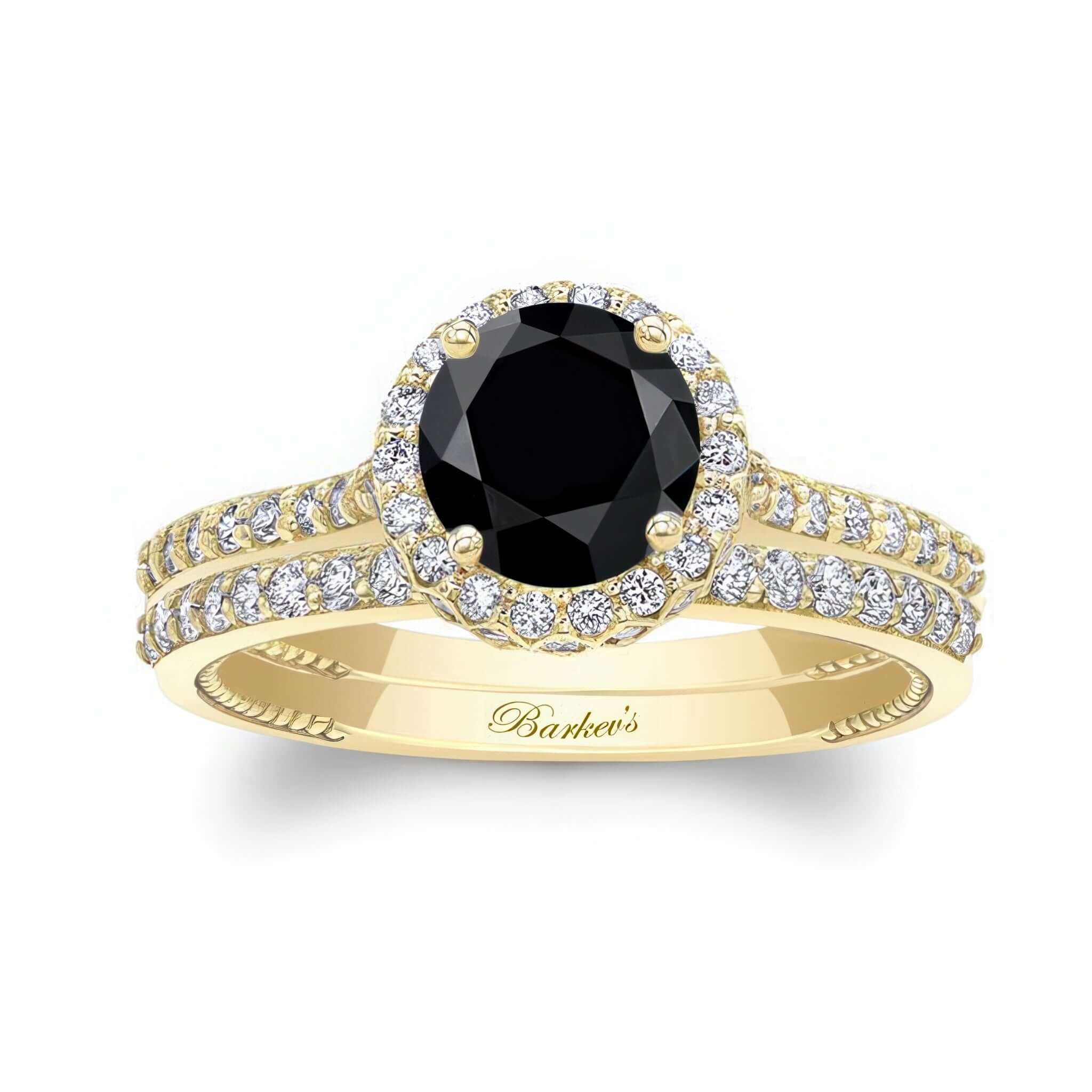 Round Halo Black And White Diamond Wedding Set featuring a black center stone and sparkling diamonds in yellow gold.