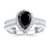 2 Carat Pear Shaped Black And White Diamond Halo Ring Set