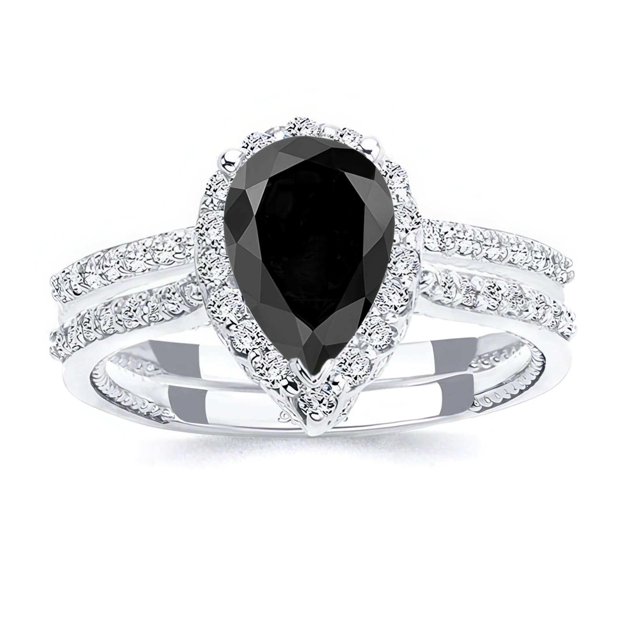 2 Carat Pear Shaped Black And White Diamond Halo Ring Set featuring a pear-shaped black diamond and diamond melee accents.