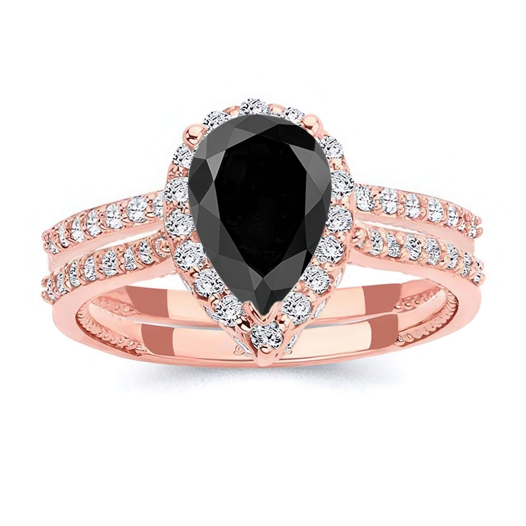 2 Carat Pear Shaped Black And White Diamond Halo Ring Set featuring a black pear-shaped center stone and diamond accents.