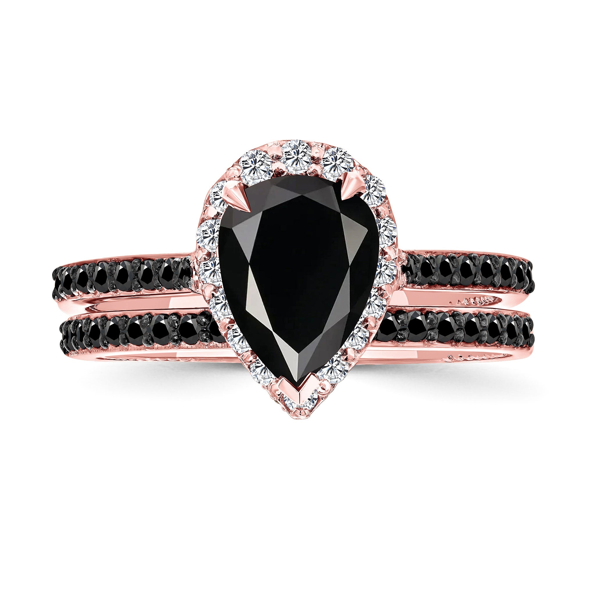 Pear Shaped Black Diamond Halo Ring Set