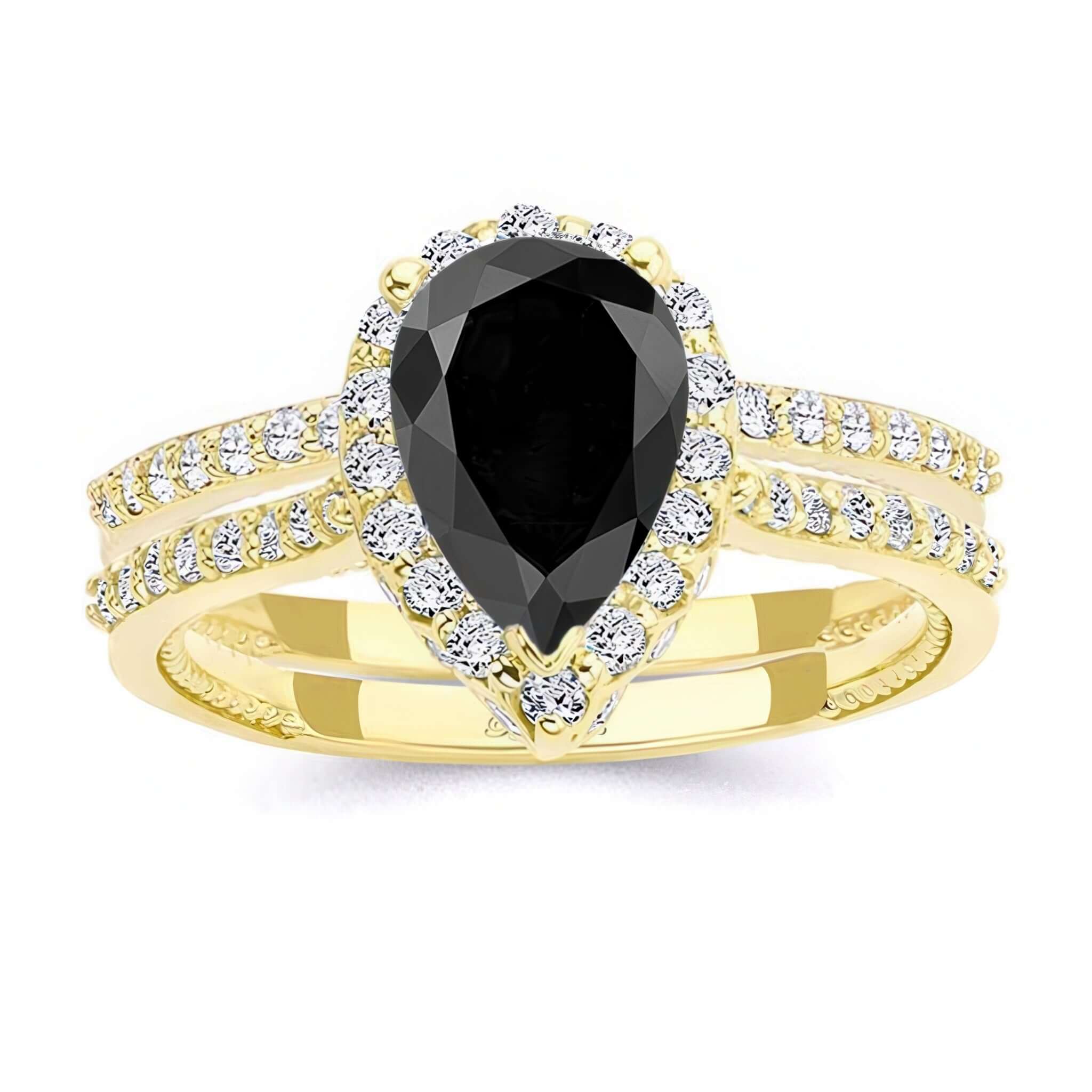 2 Carat Pear Shaped Black And White Diamond Halo Ring Set featuring a pear-shaped black diamond in a gold setting.