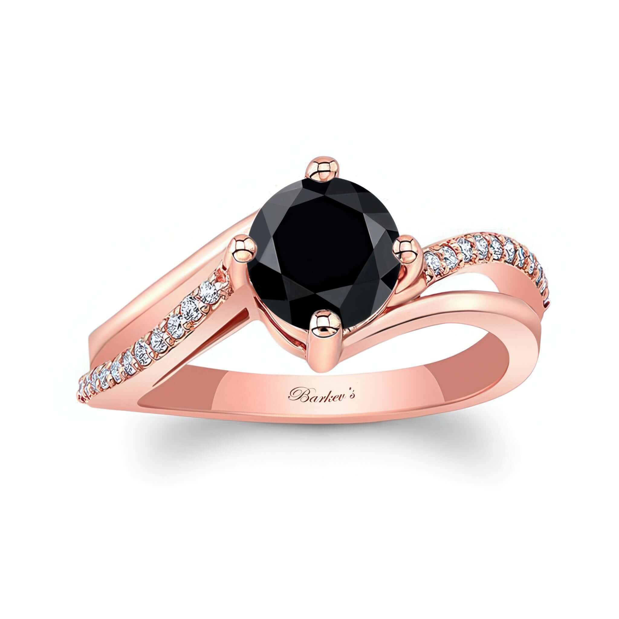 Black And White Diamond Split Shank Engagement Ring featuring a round black center stone and diamond-adorned swirls.