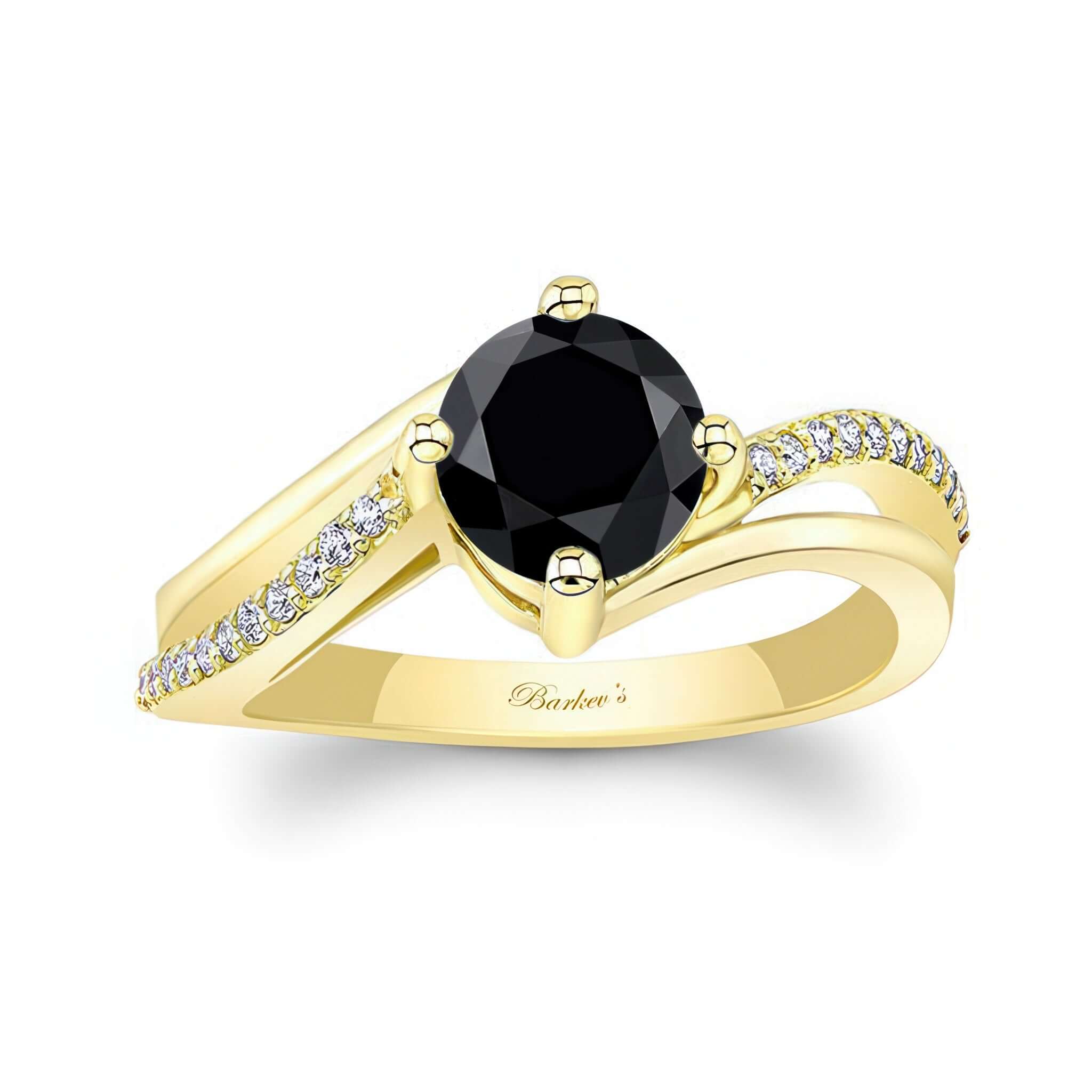 Black And White Diamond Split Shank Engagement Ring with black center and diamond accents in yellow gold.