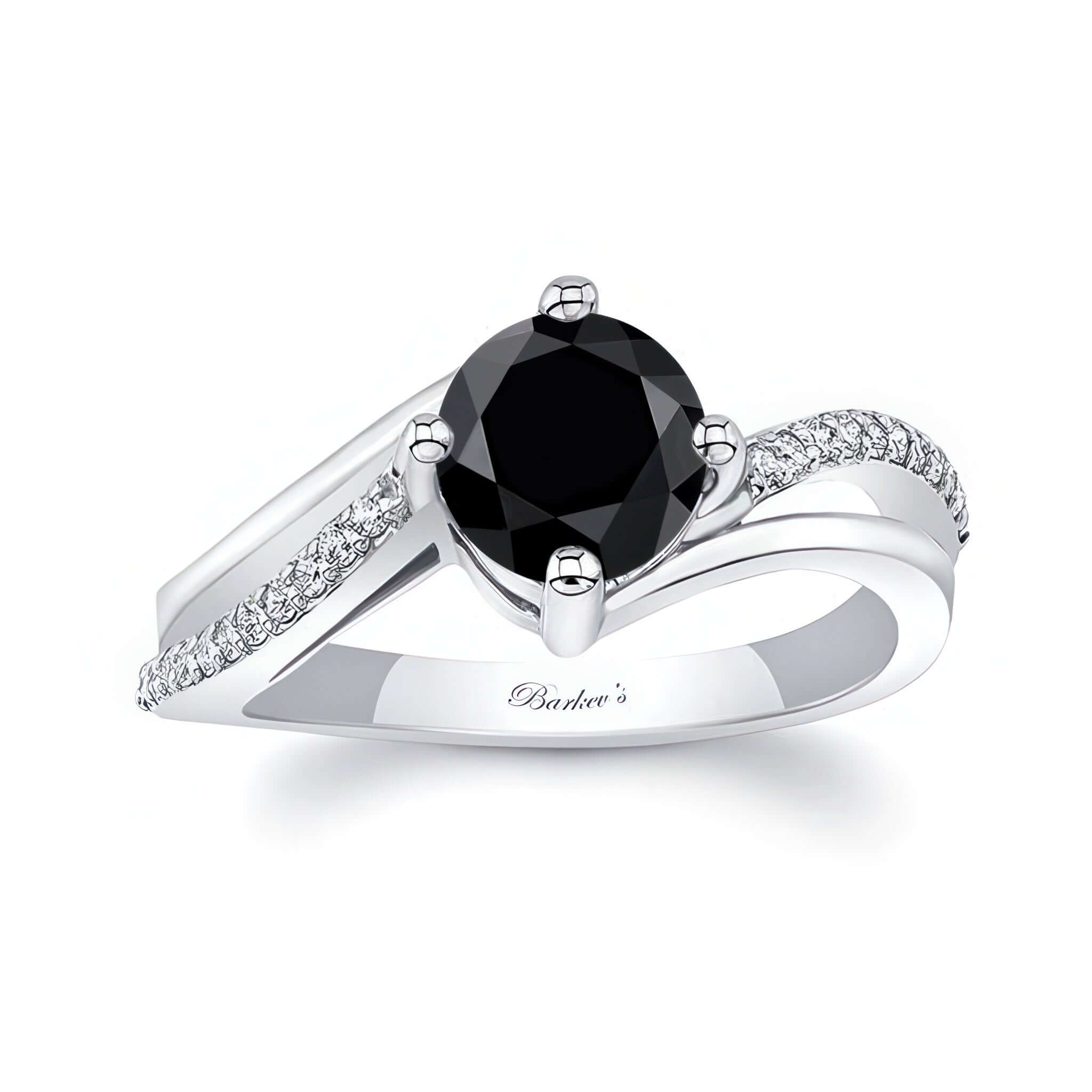 Black And White Diamond Split Shank Engagement Ring with round black diamond center and swirl design.