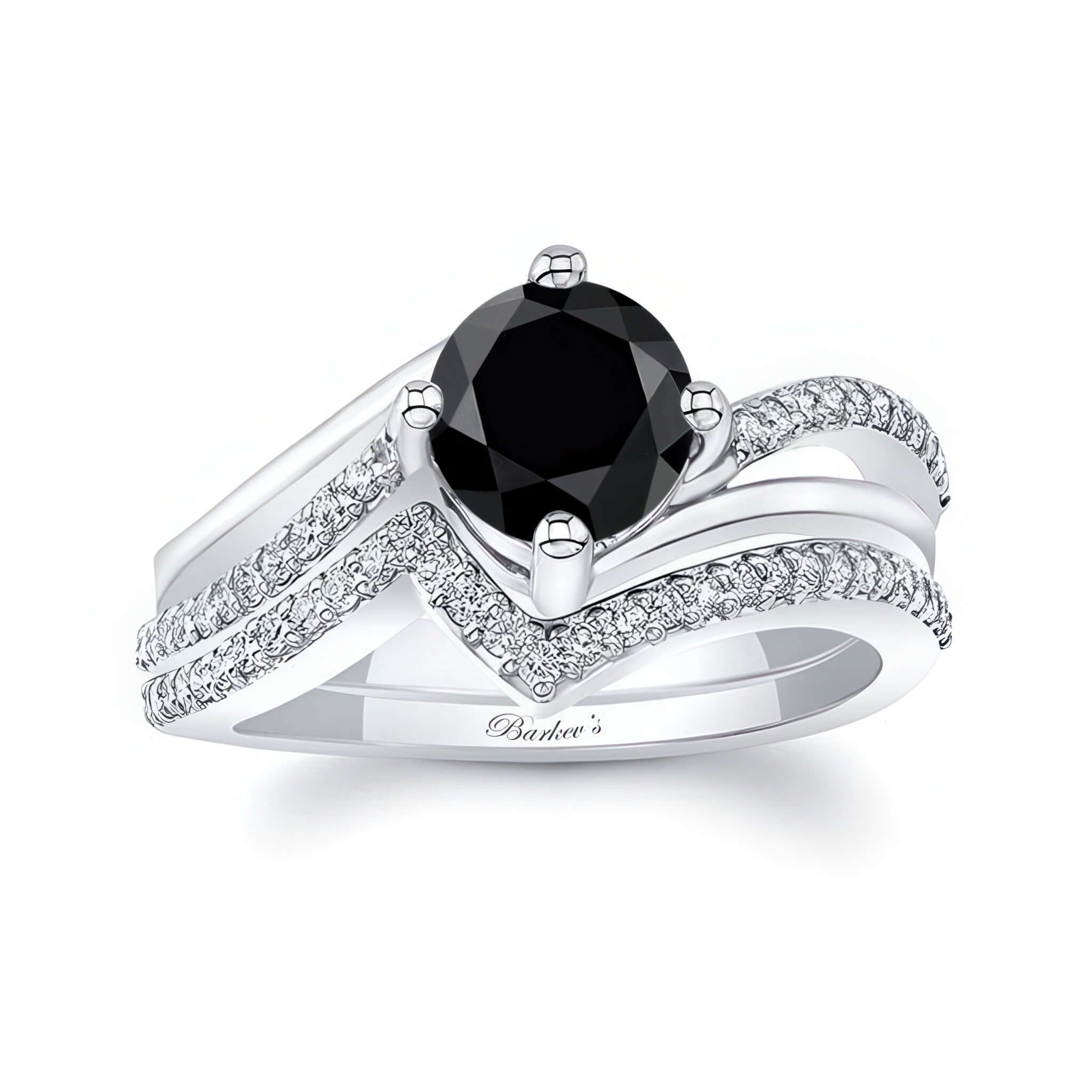 Black And White Diamond Split Shank Wedding Set with black round center and sparkling diamond embellishments.