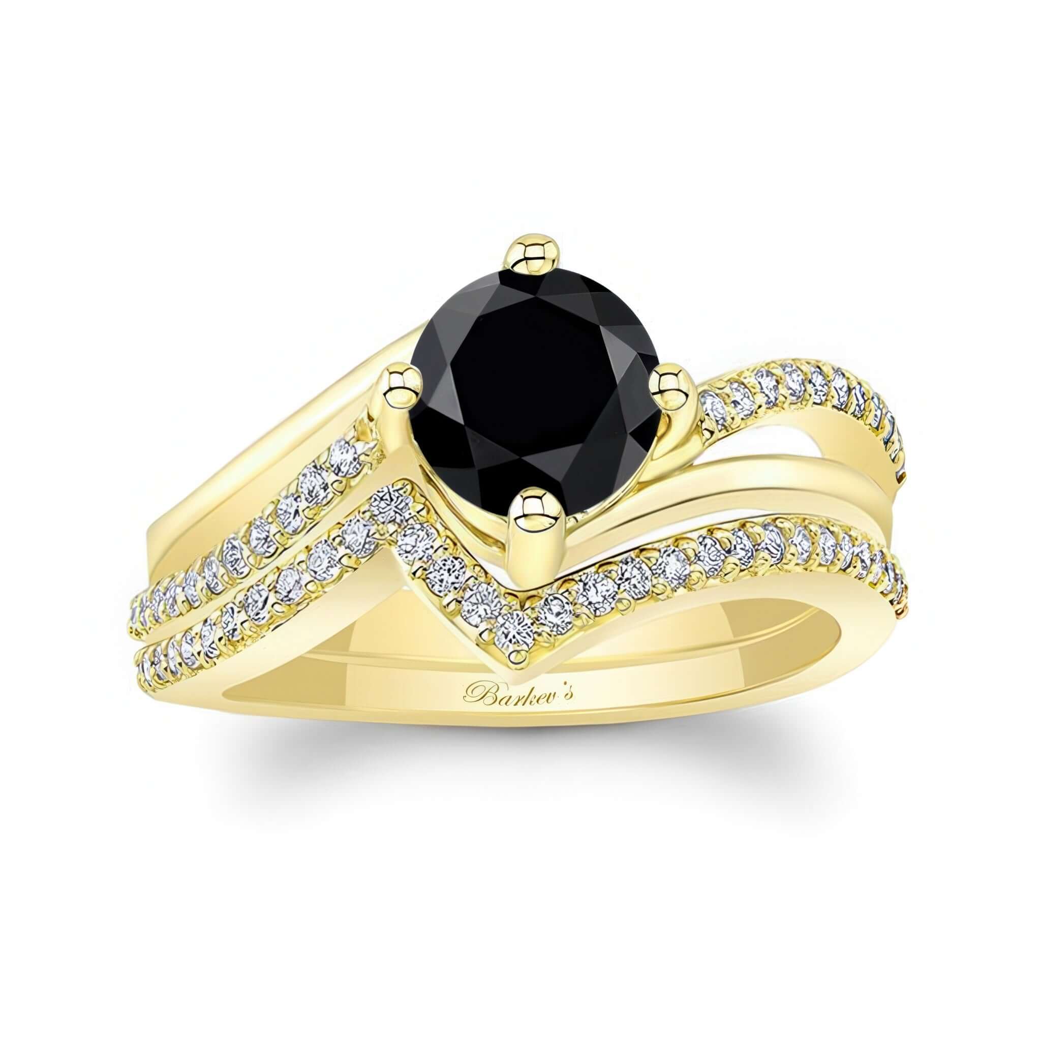 Black And White Diamond Split Shank Wedding Set featuring a round black diamond and sparkling accents.