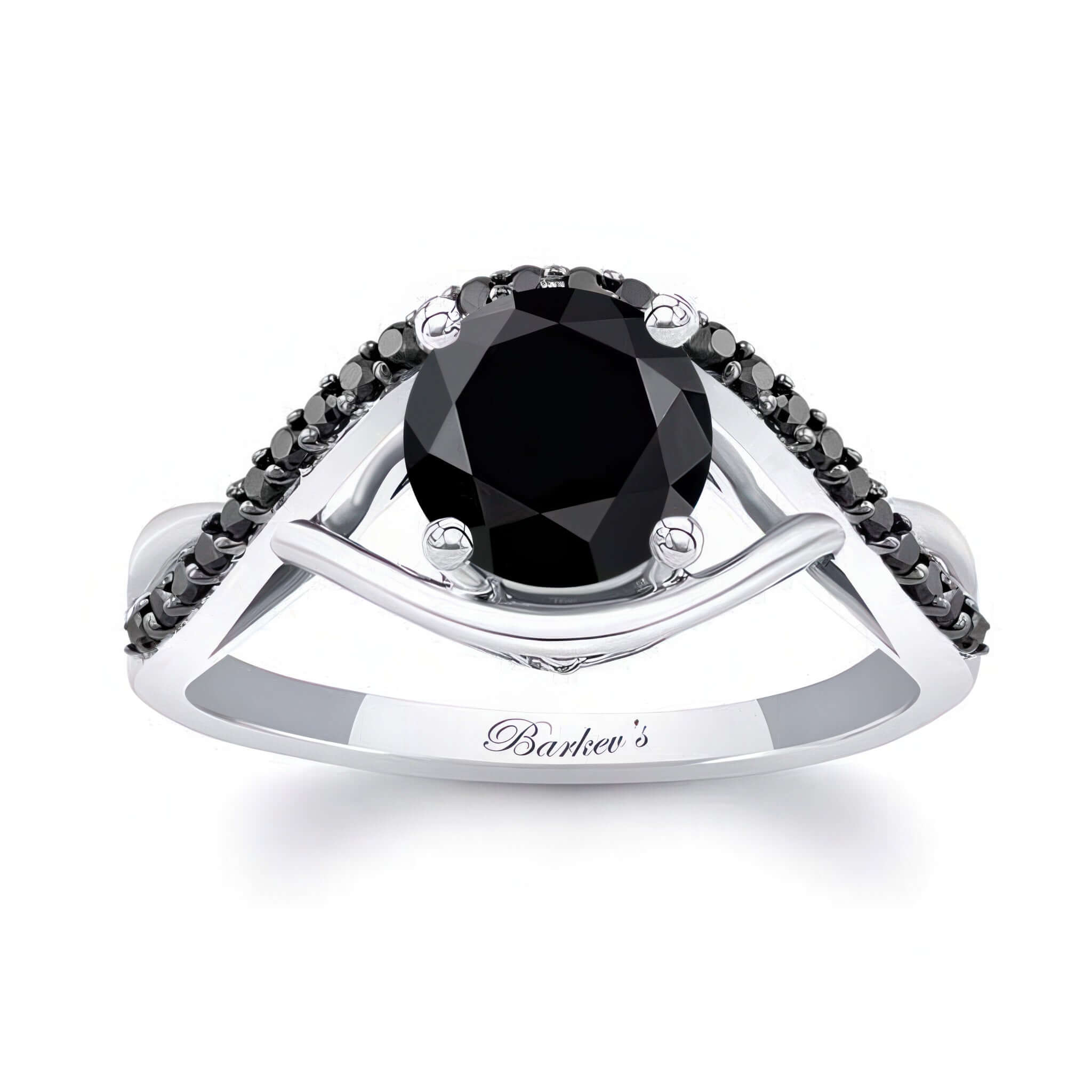 Black Diamond Criss Cross Ring showcasing a round black diamond center stone and prong set black diamond melees.