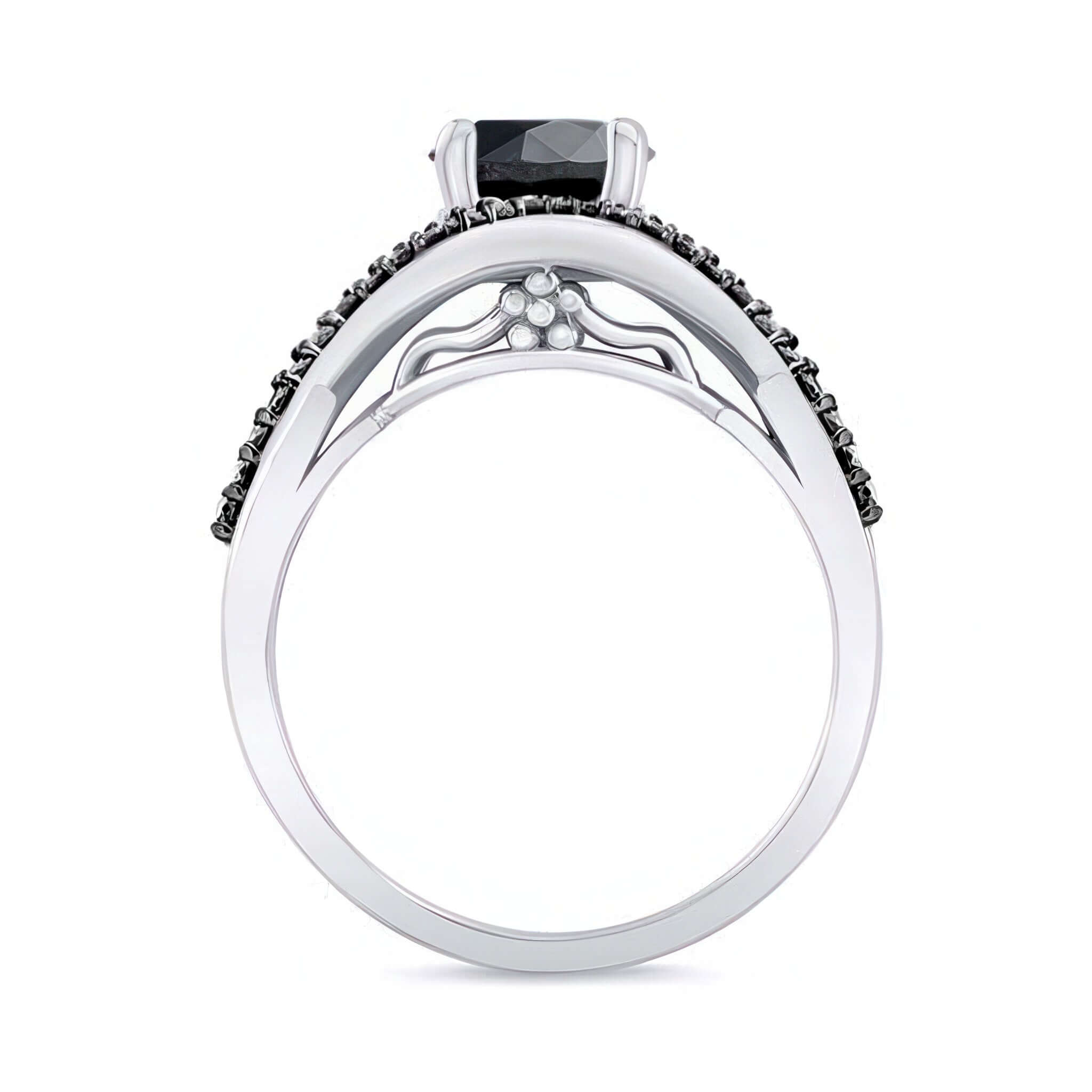 Black Diamond Criss Cross Ring showcasing a curving shank and round center stone with black diamond melees.