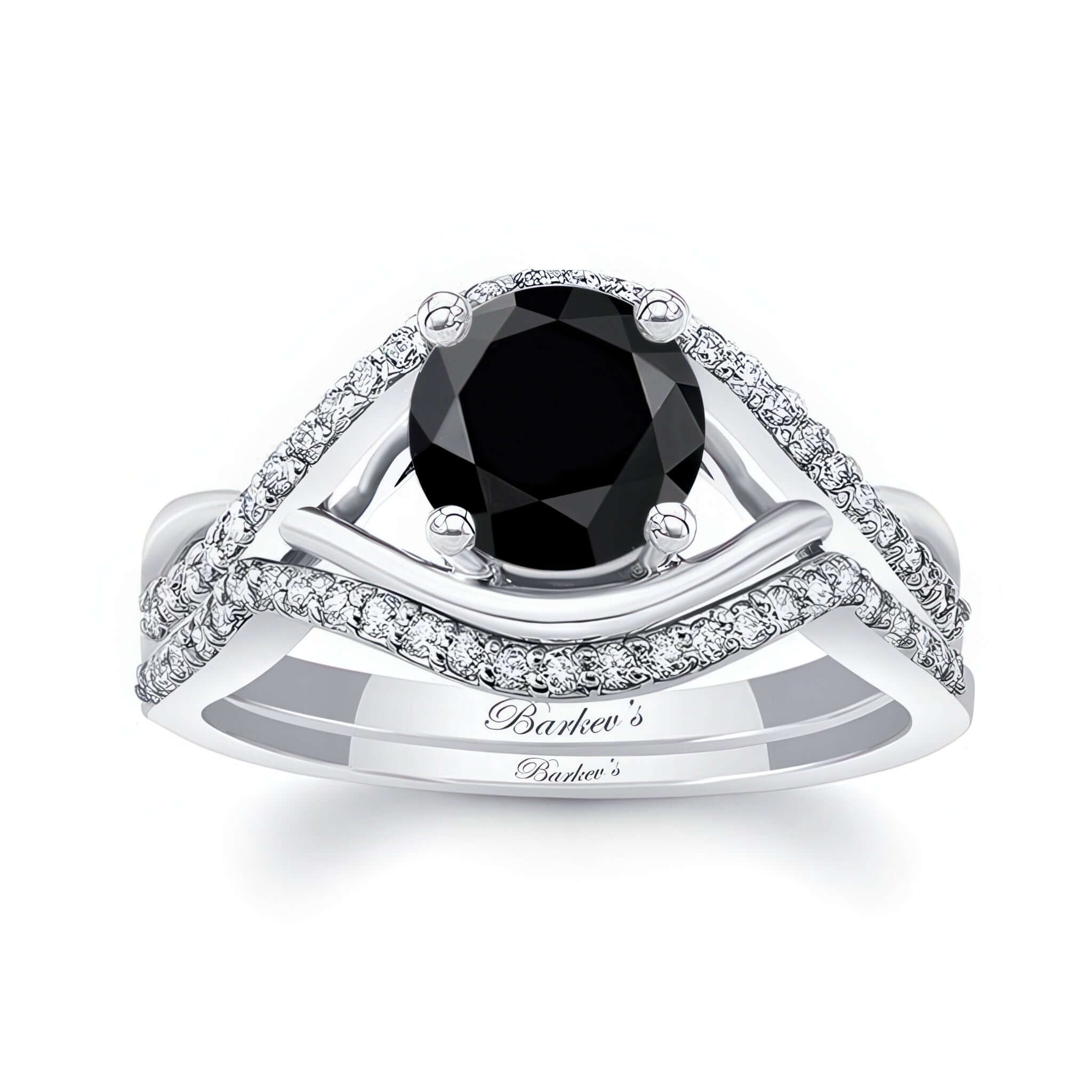 Black And White Diamond Criss Cross Ring Set featuring a black center stone and sparkling diamond accents.