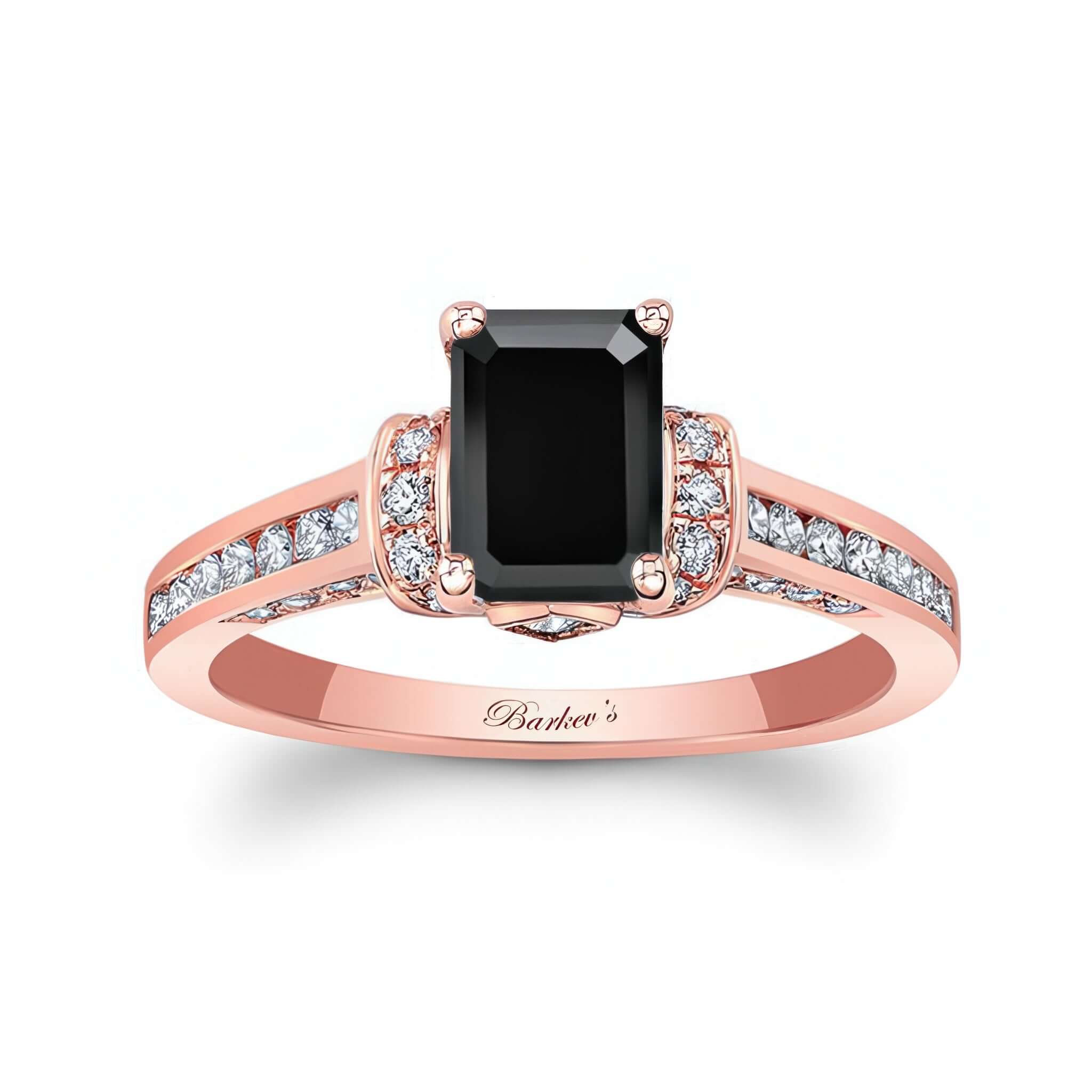 Emerald Cut Black And White Diamond Ring with black center stone and channel set diamonds in rose gold.