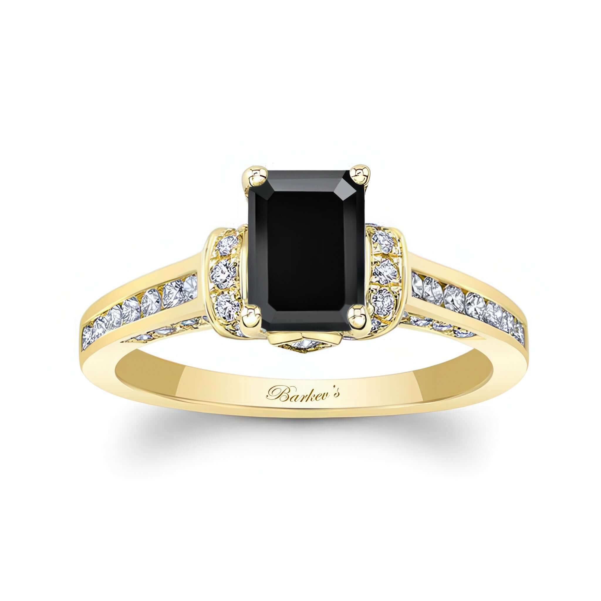 Emerald Cut Black And White Diamond Ring with black center stone and diamond accents on the band.