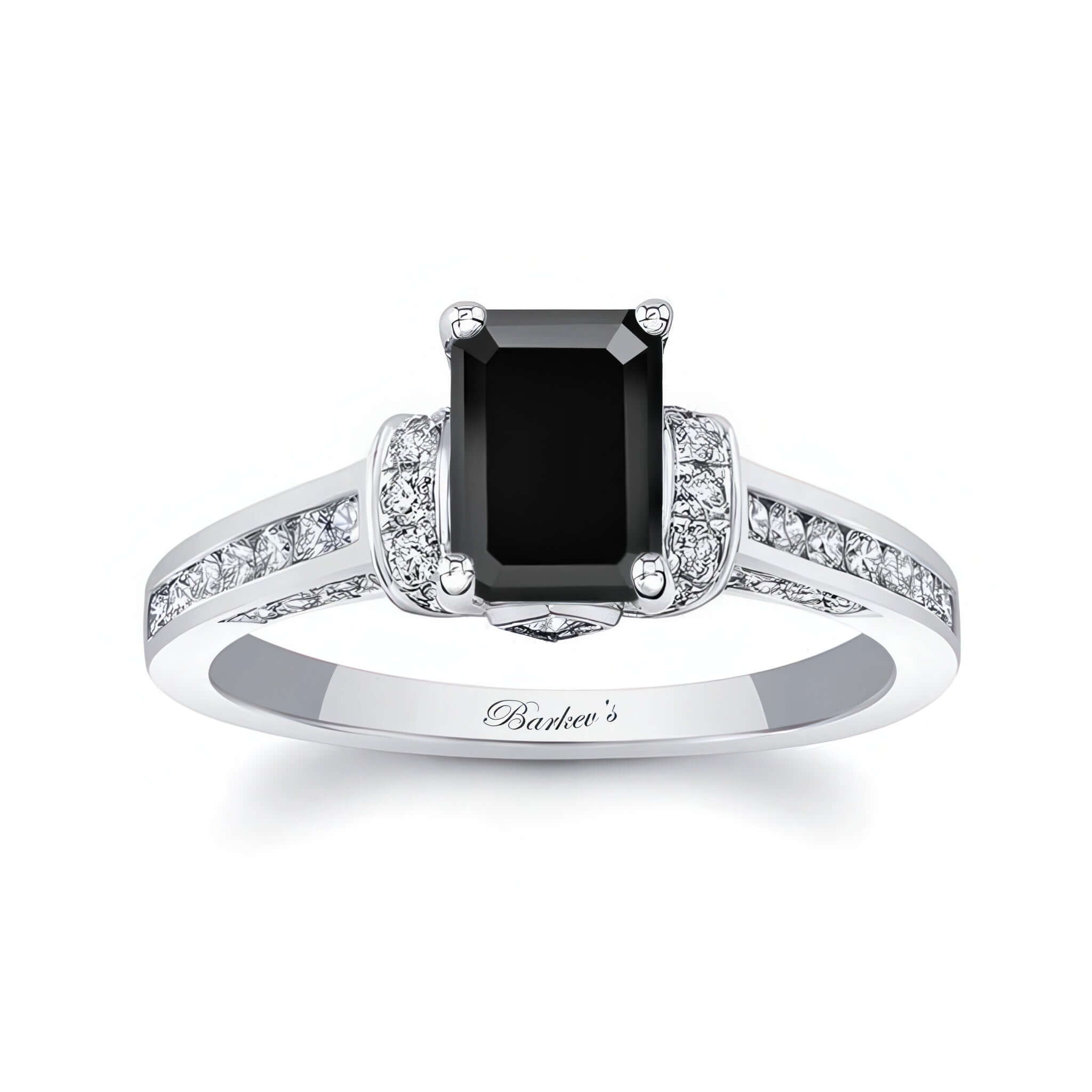 Emerald Cut Black And White Diamond Ring featuring black center stone and sparkling white diamonds.