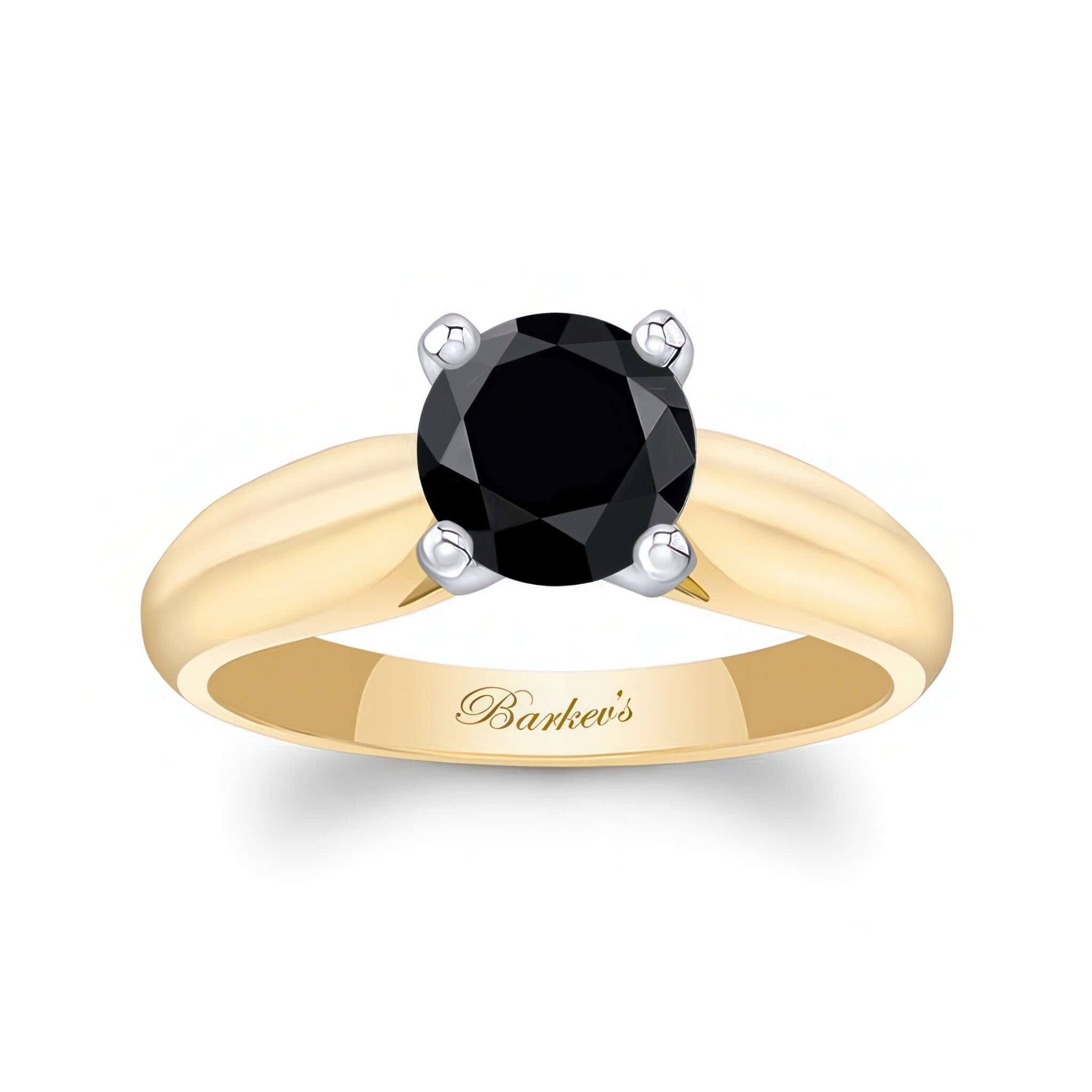 1 Carat Black Diamond Solitaire Engagement Ring set in a sleek gold band with a round black diamond centerpiece.