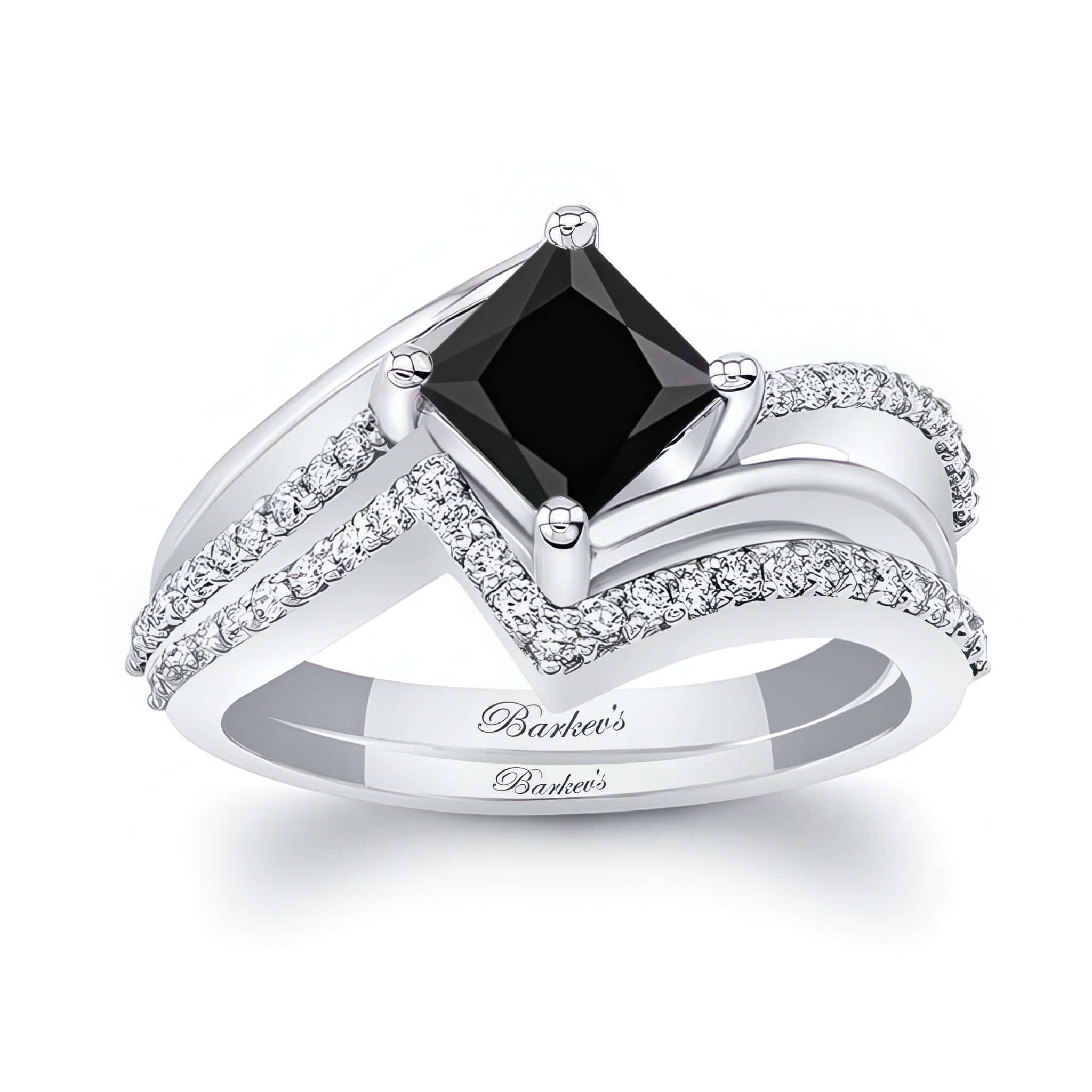 Princess Cut Black And White Diamond Engagement Ring Set featuring a black center stone and sparkling diamond accents.