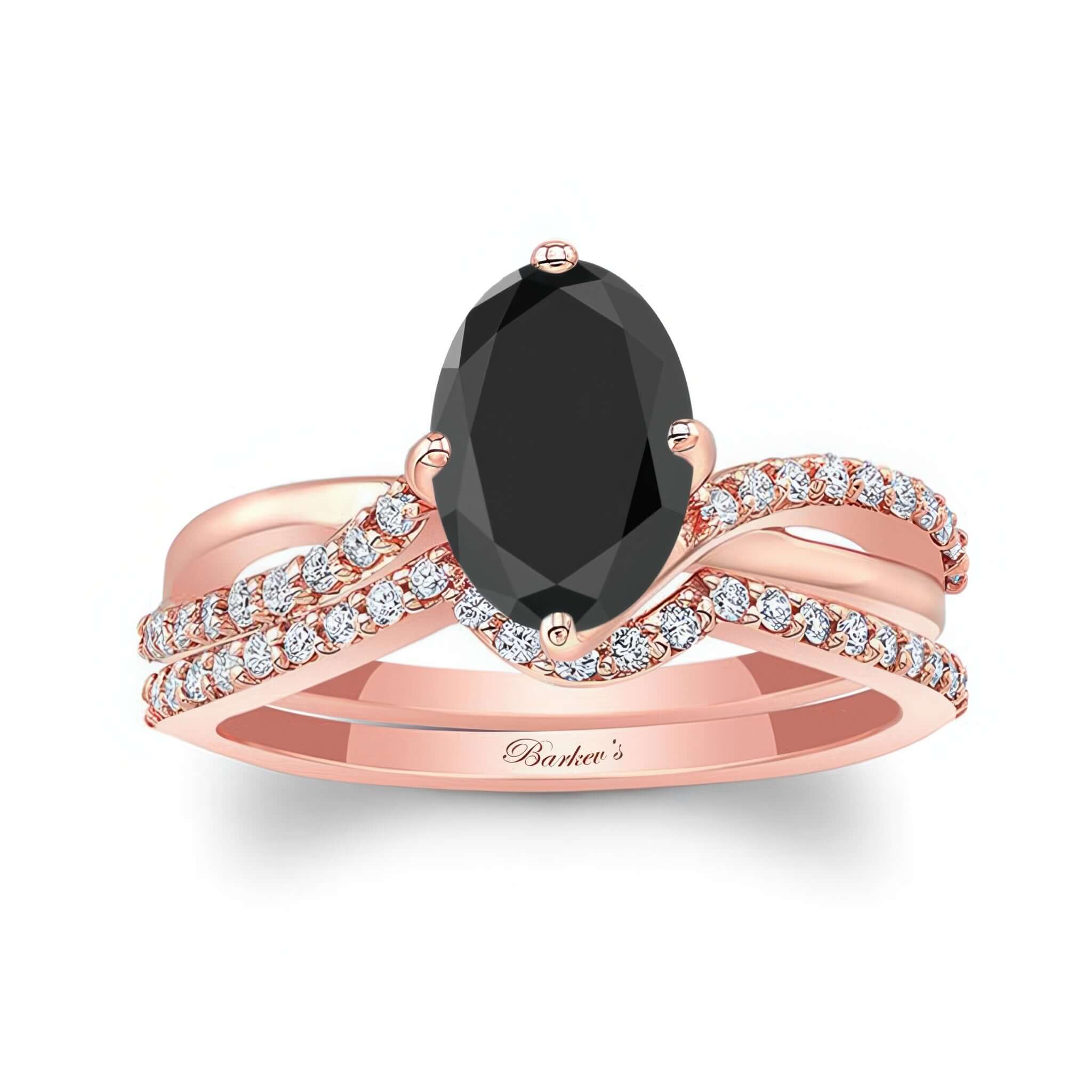 Oval Black And White Diamond Twist Bridal Set featuring a stunning oval black diamond with rose gold accents.