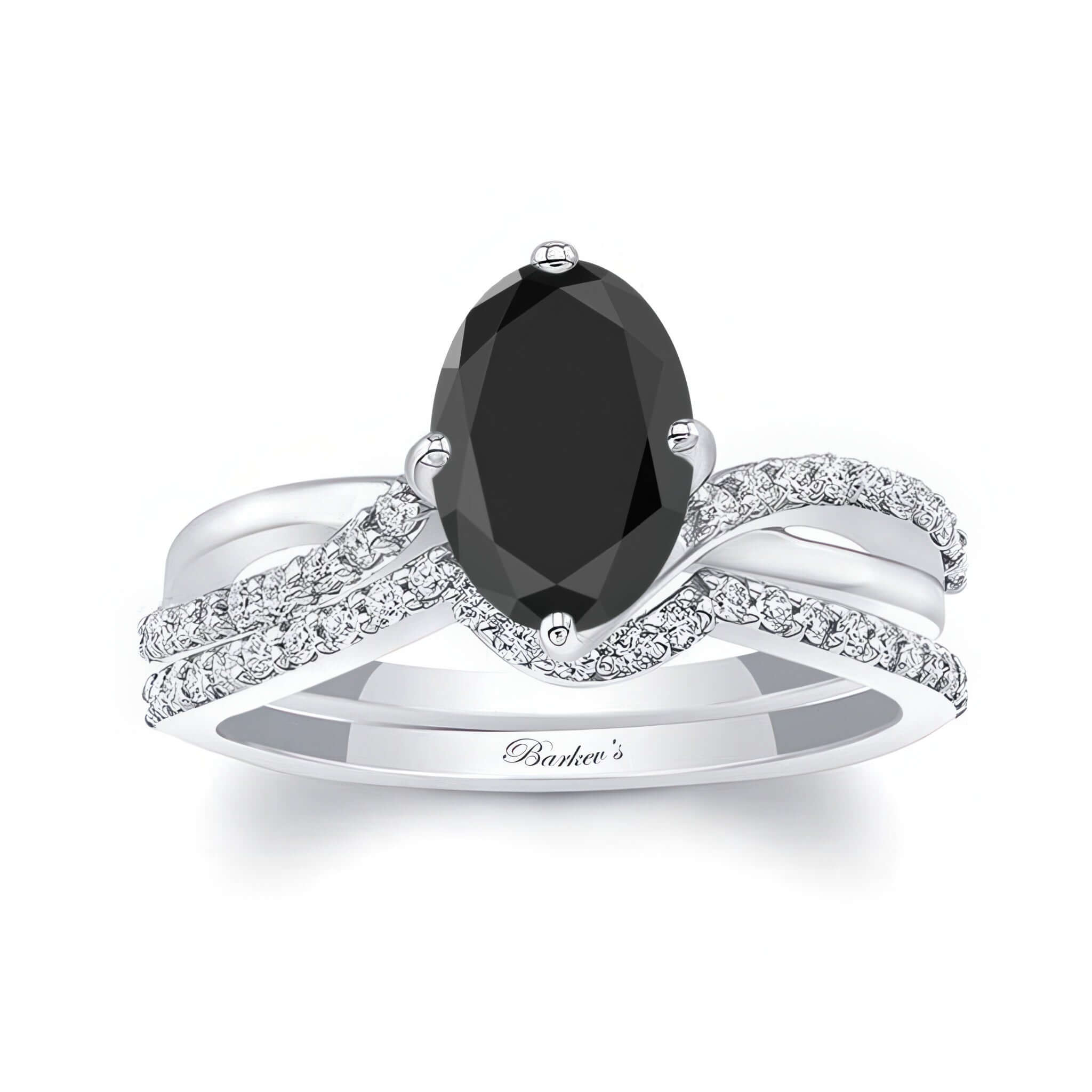 Oval Black And White Diamond Twist Bridal Set featuring an oval black diamond with sparkling shared-prong diamonds.