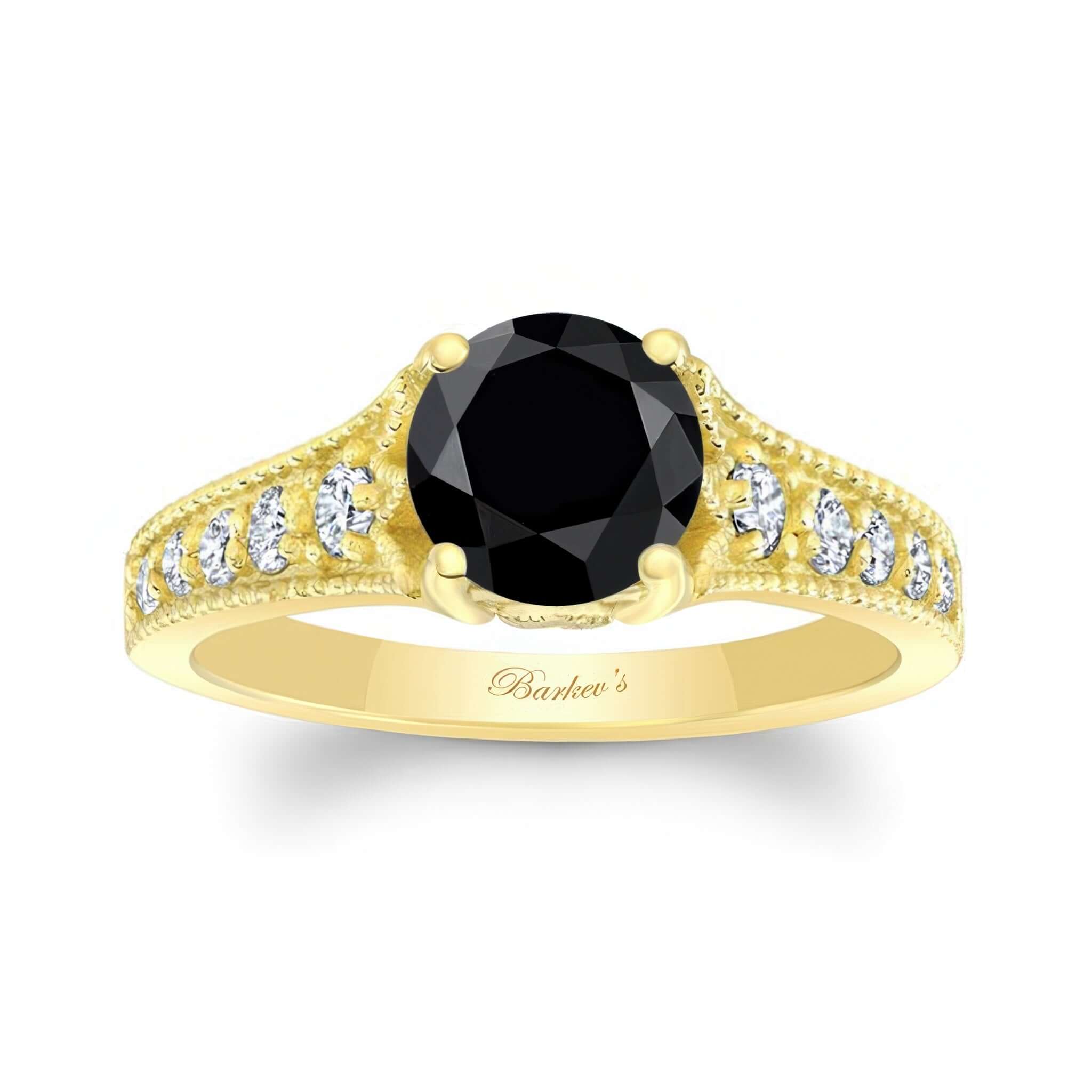 Black And White Diamond Vintage Ring featuring a prong set round center with milgrain finish in gold.