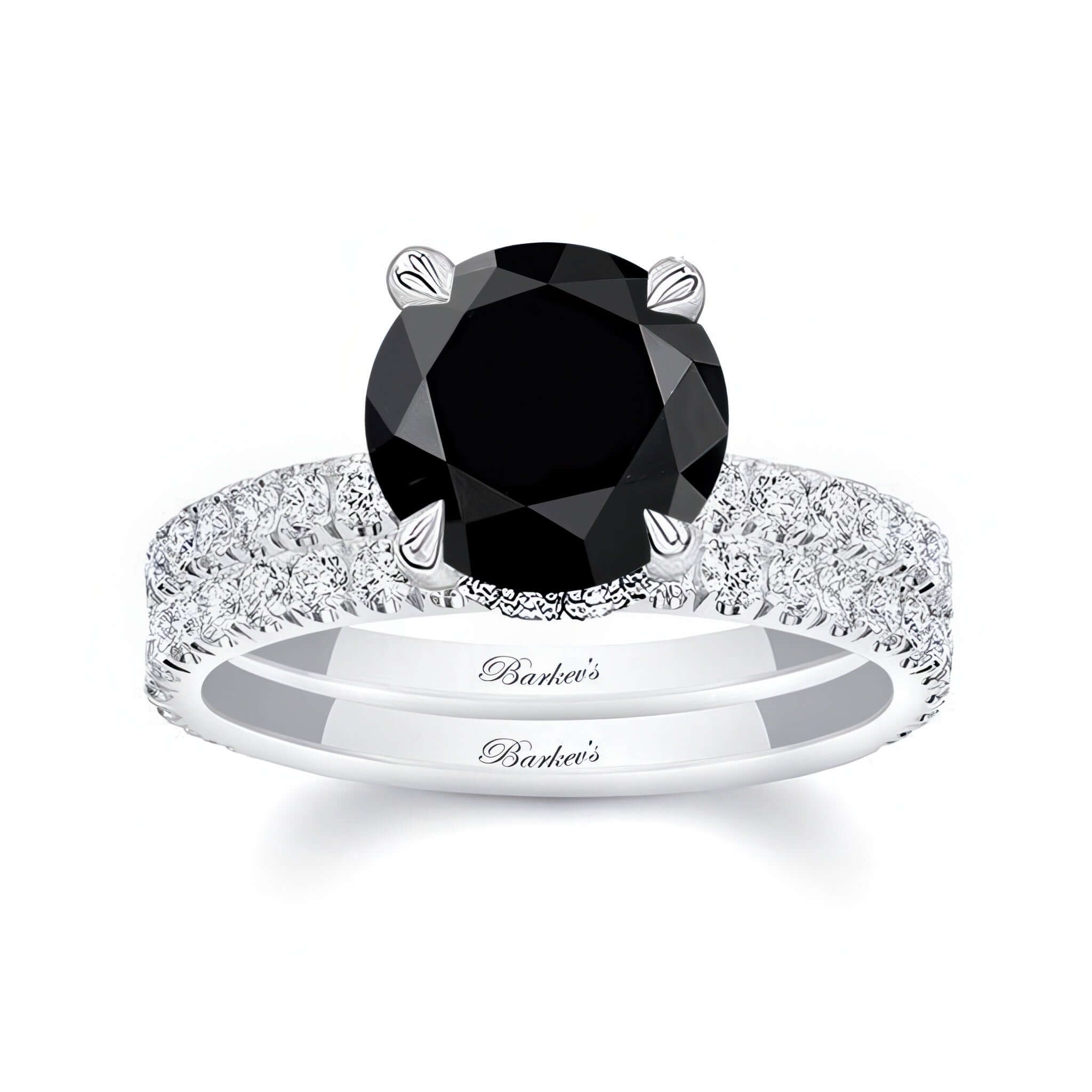 3 Carat Black And White Diamond Halo Wedding Set with black center diamond and pave diamond halo.