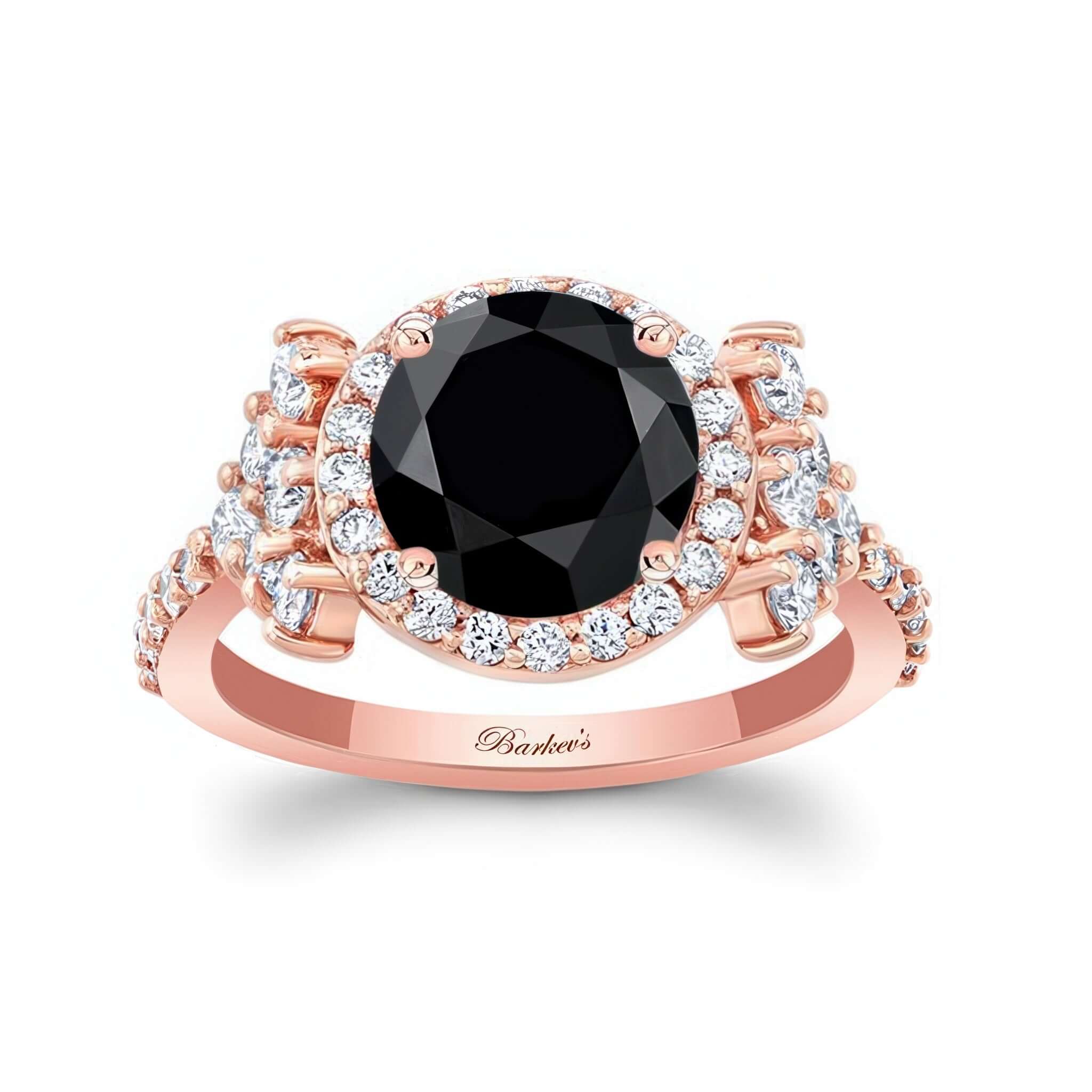 2 Carat Black And White Diamond Cluster Ring on a rose gold band with round black center and sparkling diamond halo.