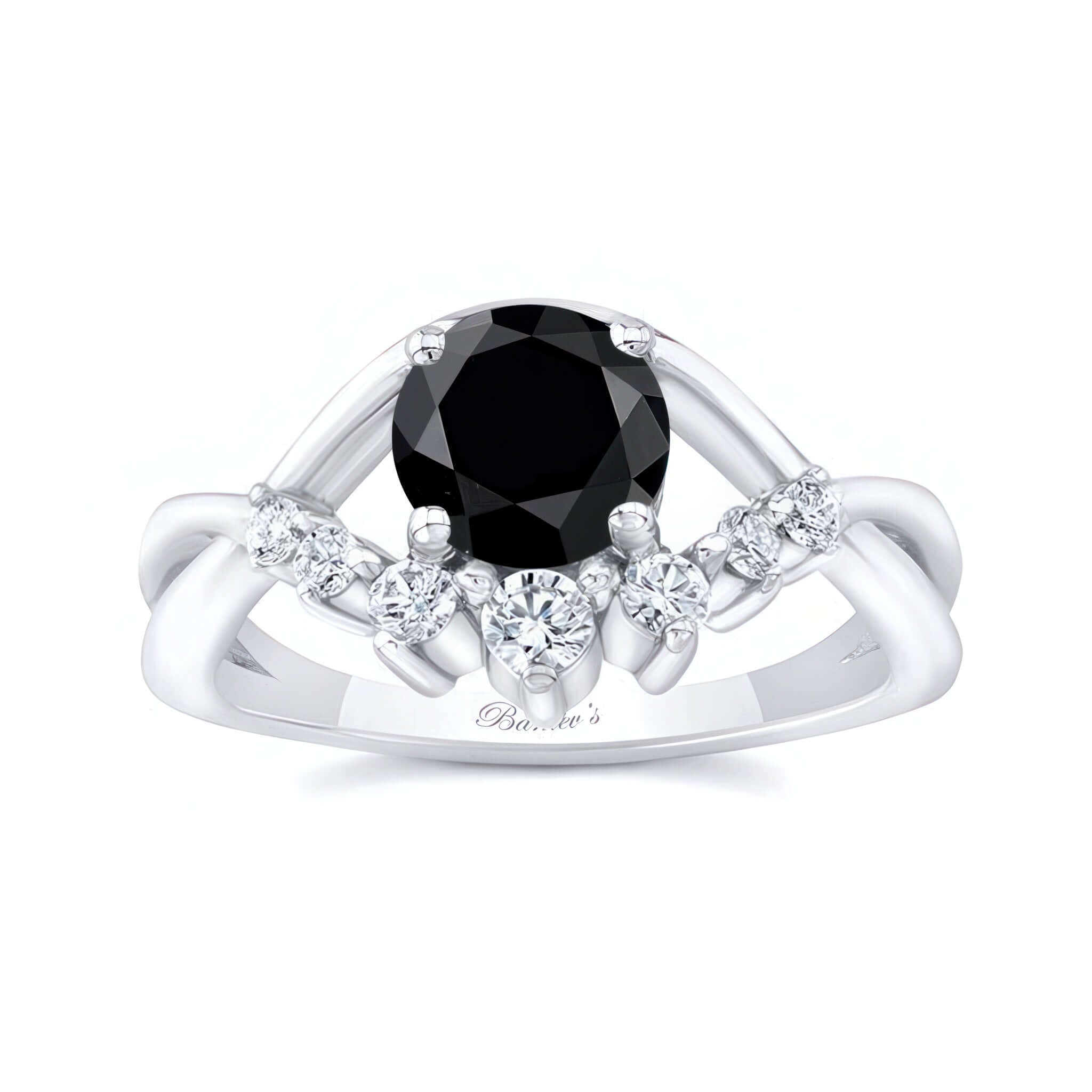 Black And White Diamond Unique Engagement Ring featuring a round black center stone and sparkling shared prong set diamonds.