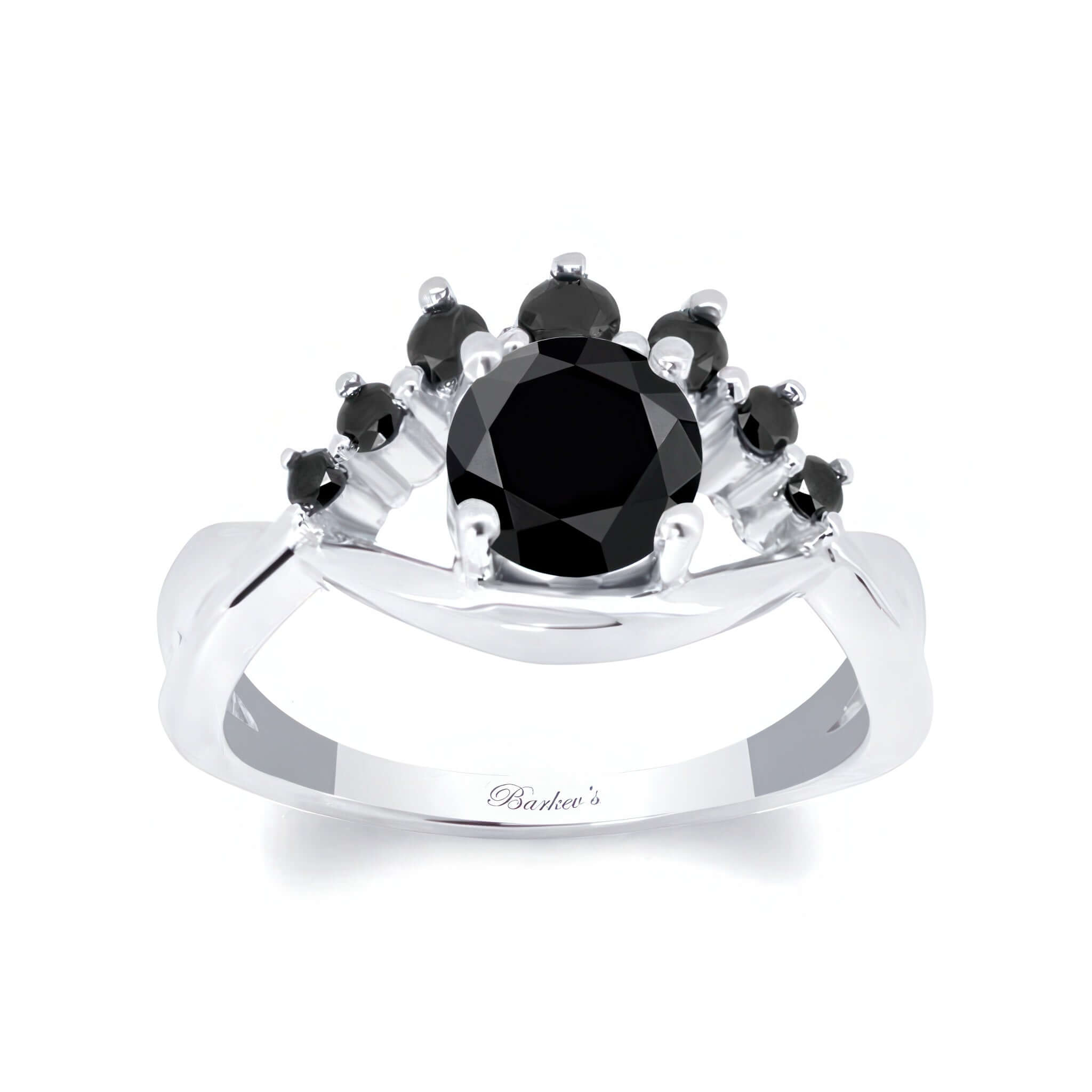 Black Diamond Unique Engagement Ring featuring a round black diamond center and swirling design with shared prong set stones.