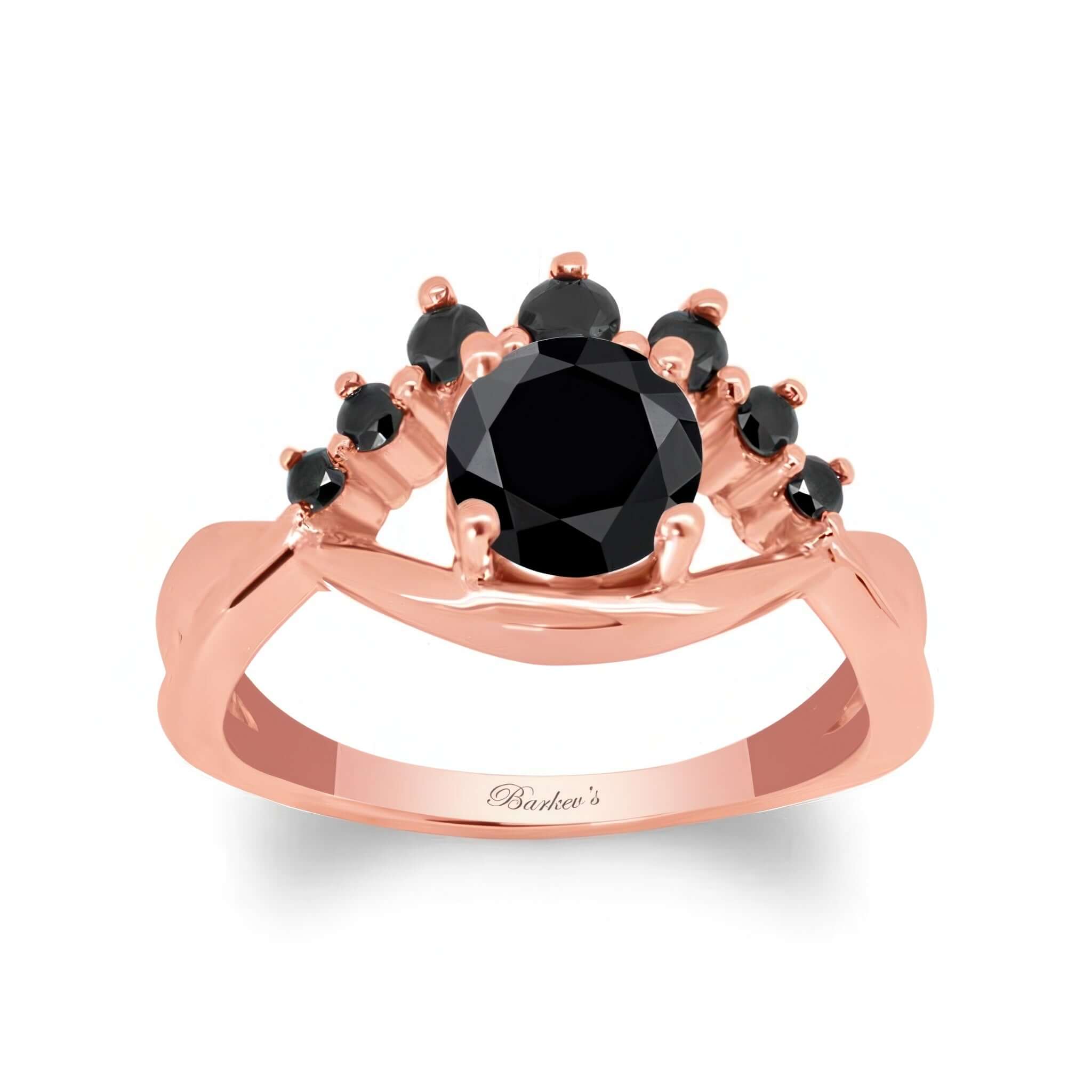 Black Diamond Unique Engagement Ring featuring a round black diamond center and swirling design with additional black diamonds.
