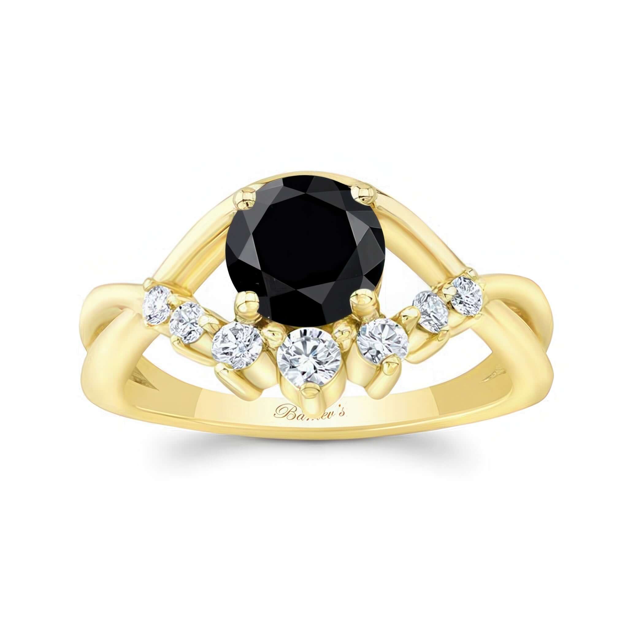 Black And White Diamond Unique Engagement Ring featuring a round black center stone and sparkling shared prong set diamonds.