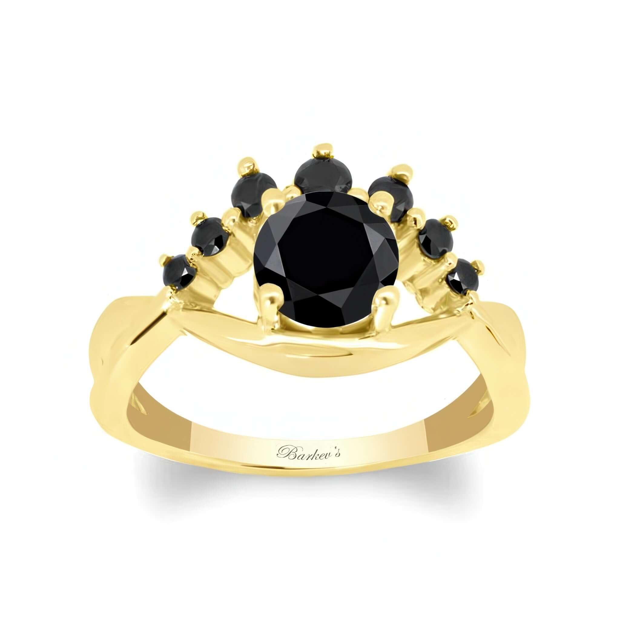 Black Diamond Unique Engagement Ring featuring a round black center stone with swirling prong set black diamonds.