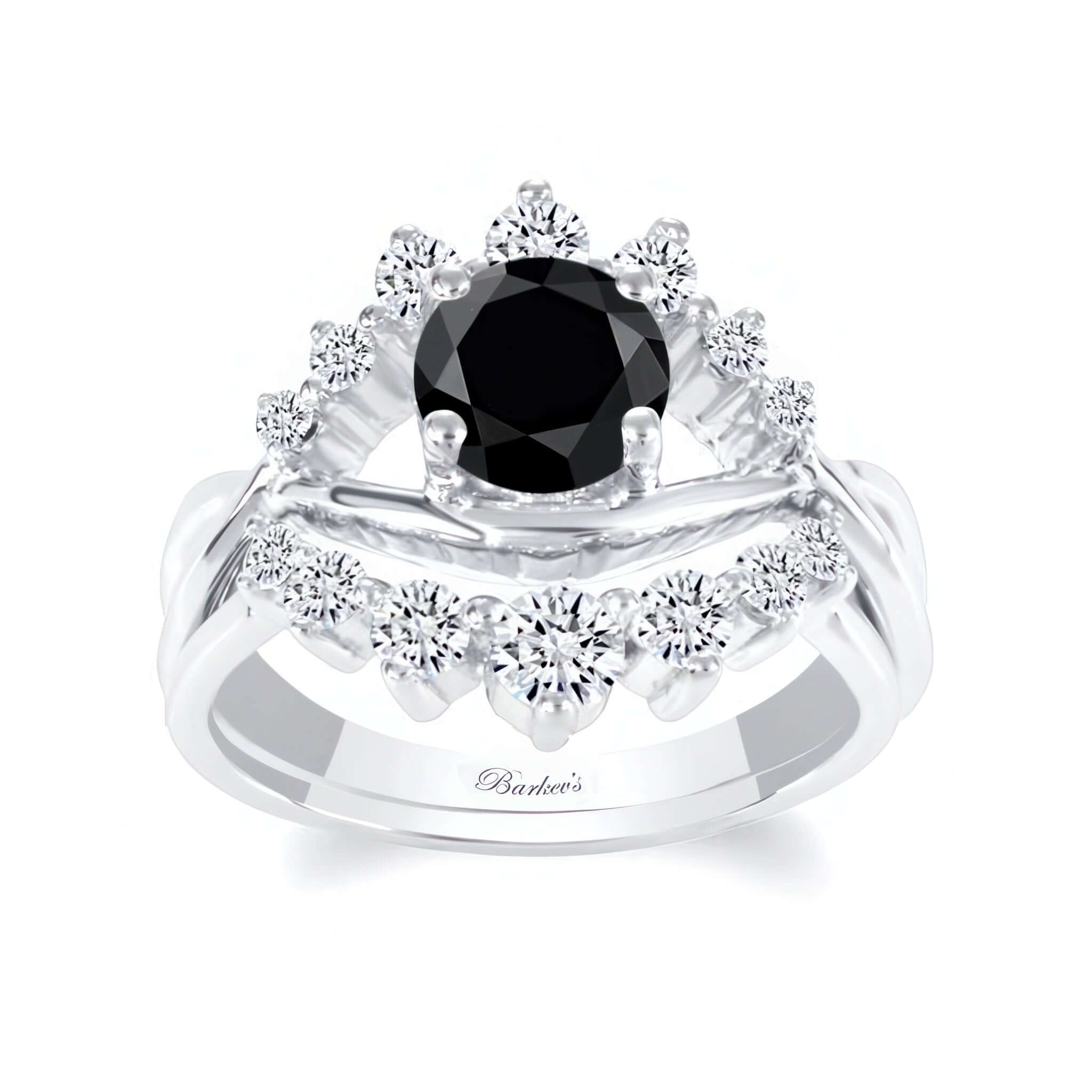 Black And White Diamond Unique Wedding Set featuring a black center stone and swirling diamond accents on a silver band.