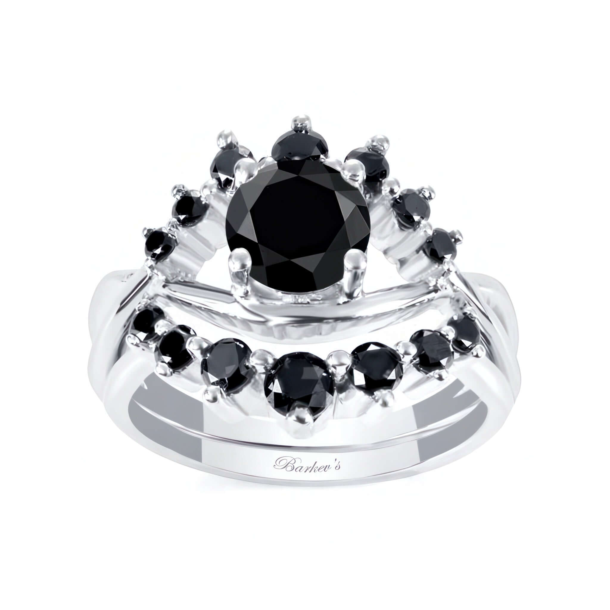 Black Diamond Unique Wedding Set featuring a swirling design and shared prong set black diamonds.