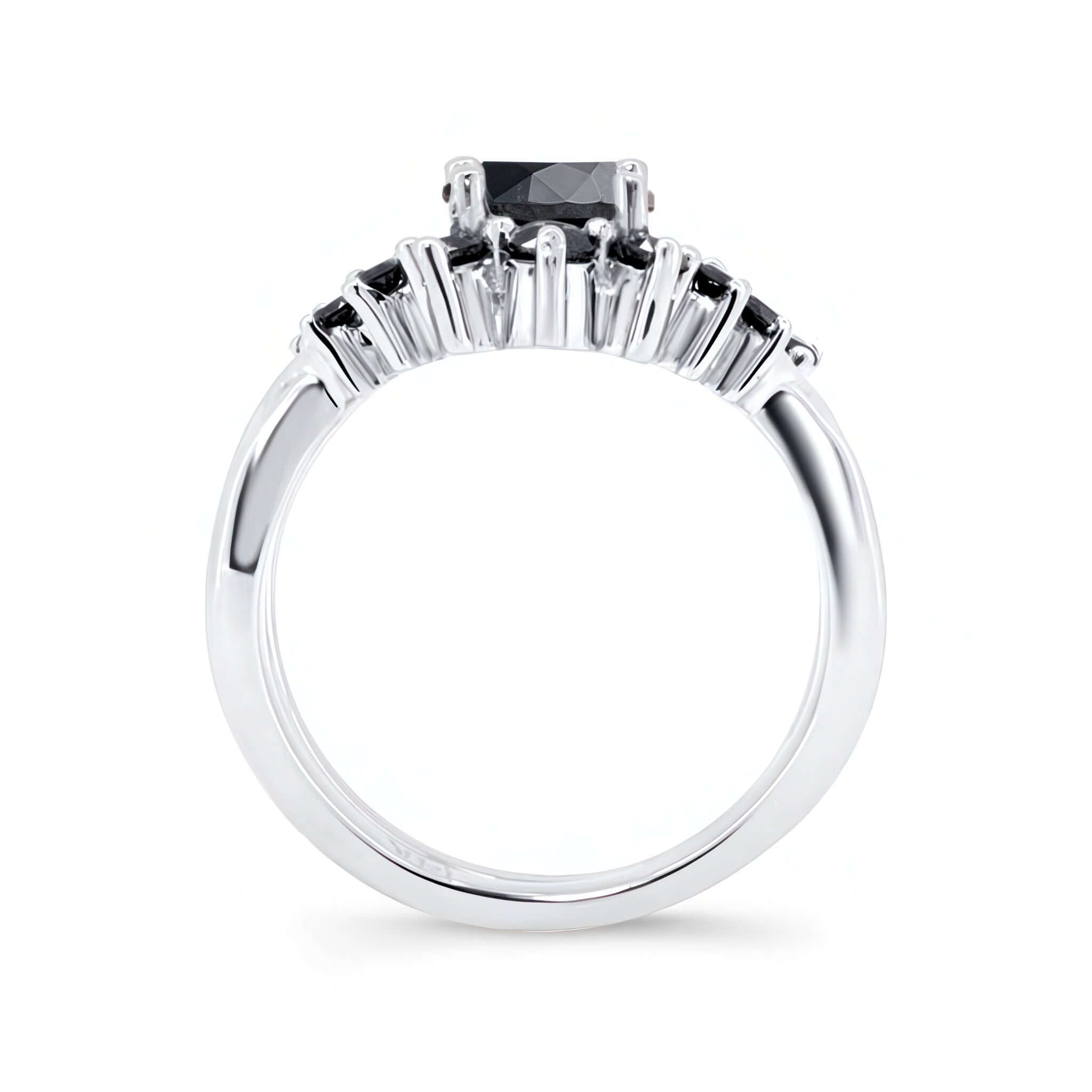 Black Diamond Unique Wedding Set featuring a round center stone and shared prong set black diamonds.