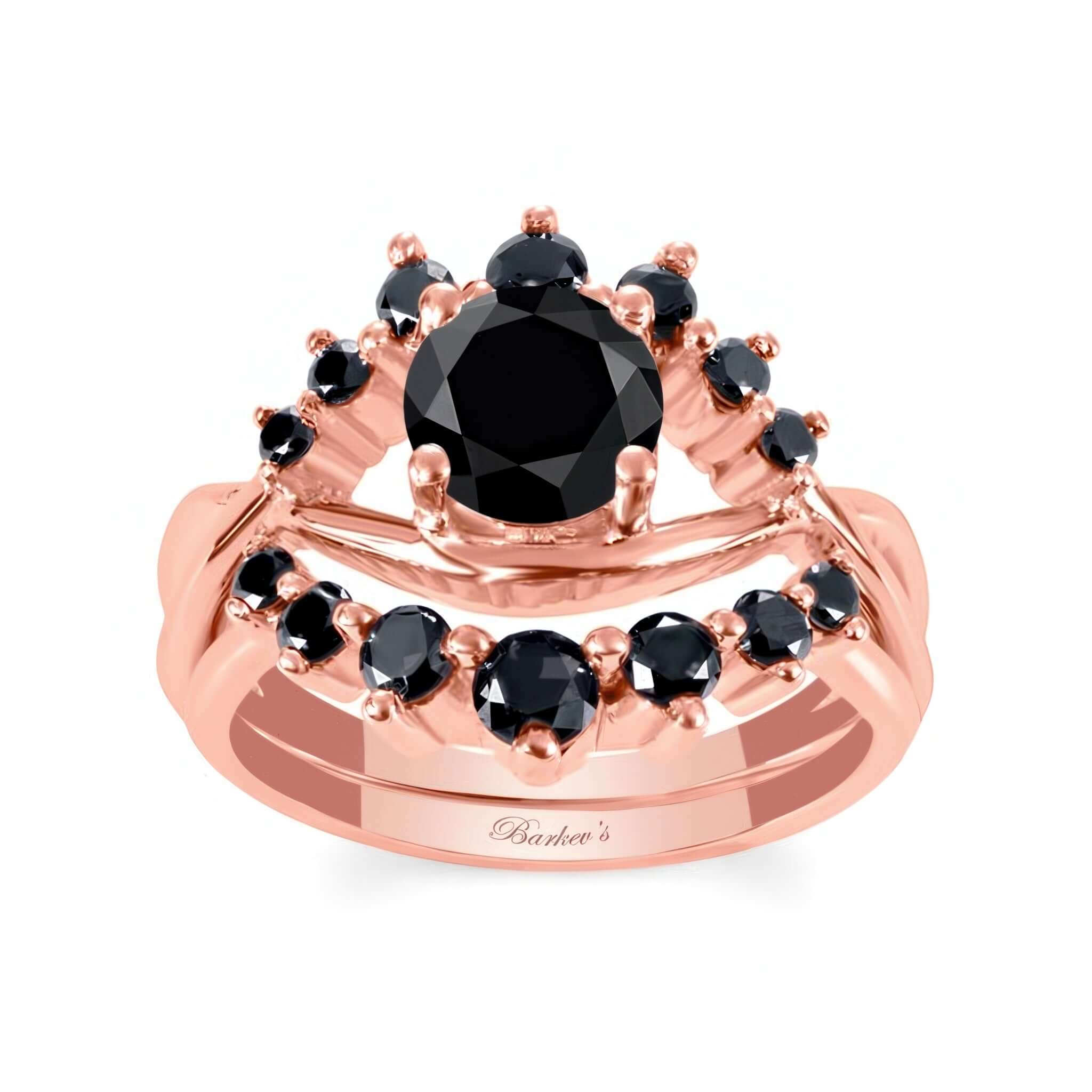 Black Diamond Unique Wedding Set featuring a round center black diamond and swirling design with shared prong set diamonds.