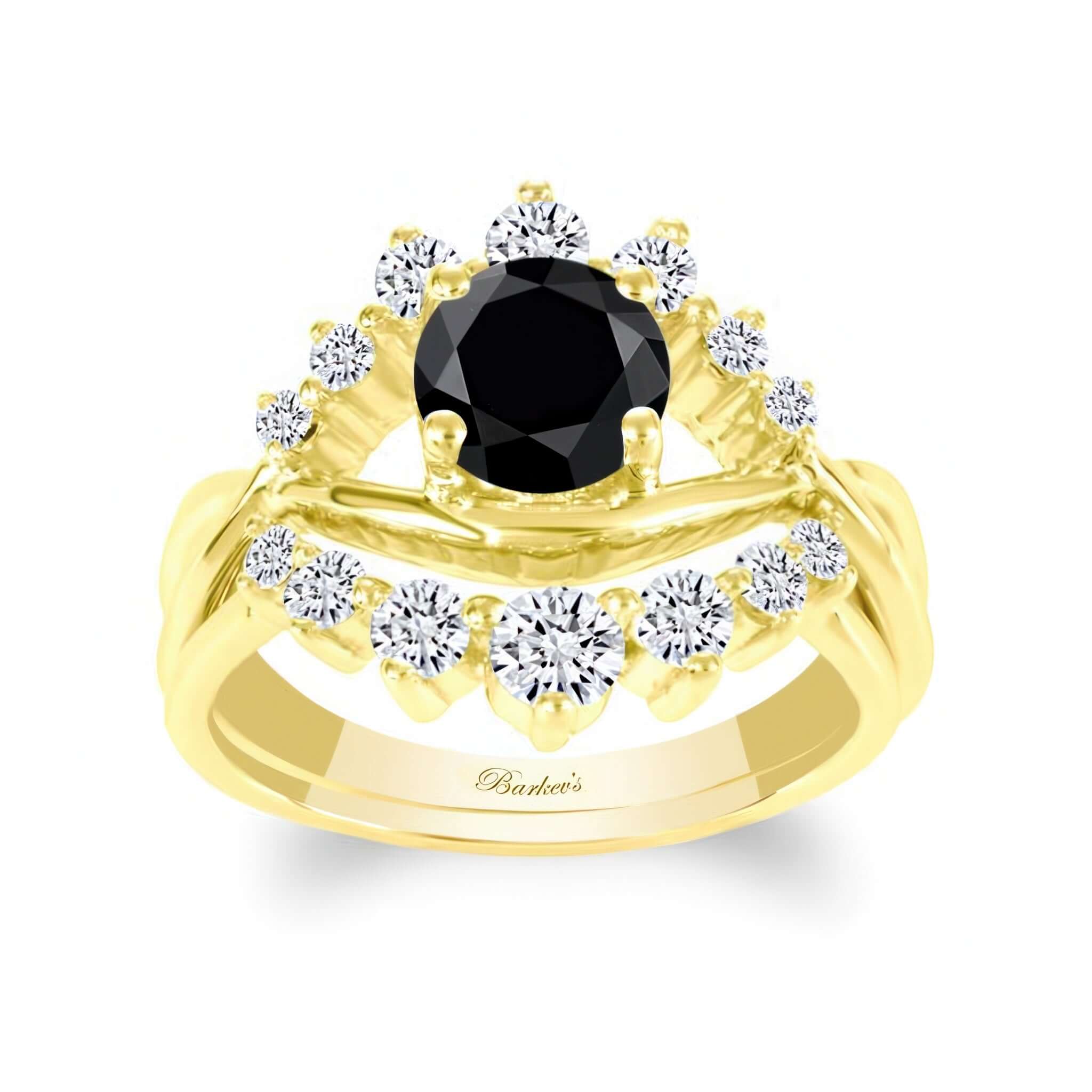 Black And White Diamond Unique Wedding Set featuring a black center stone and sparkling diamonds in yellow gold.