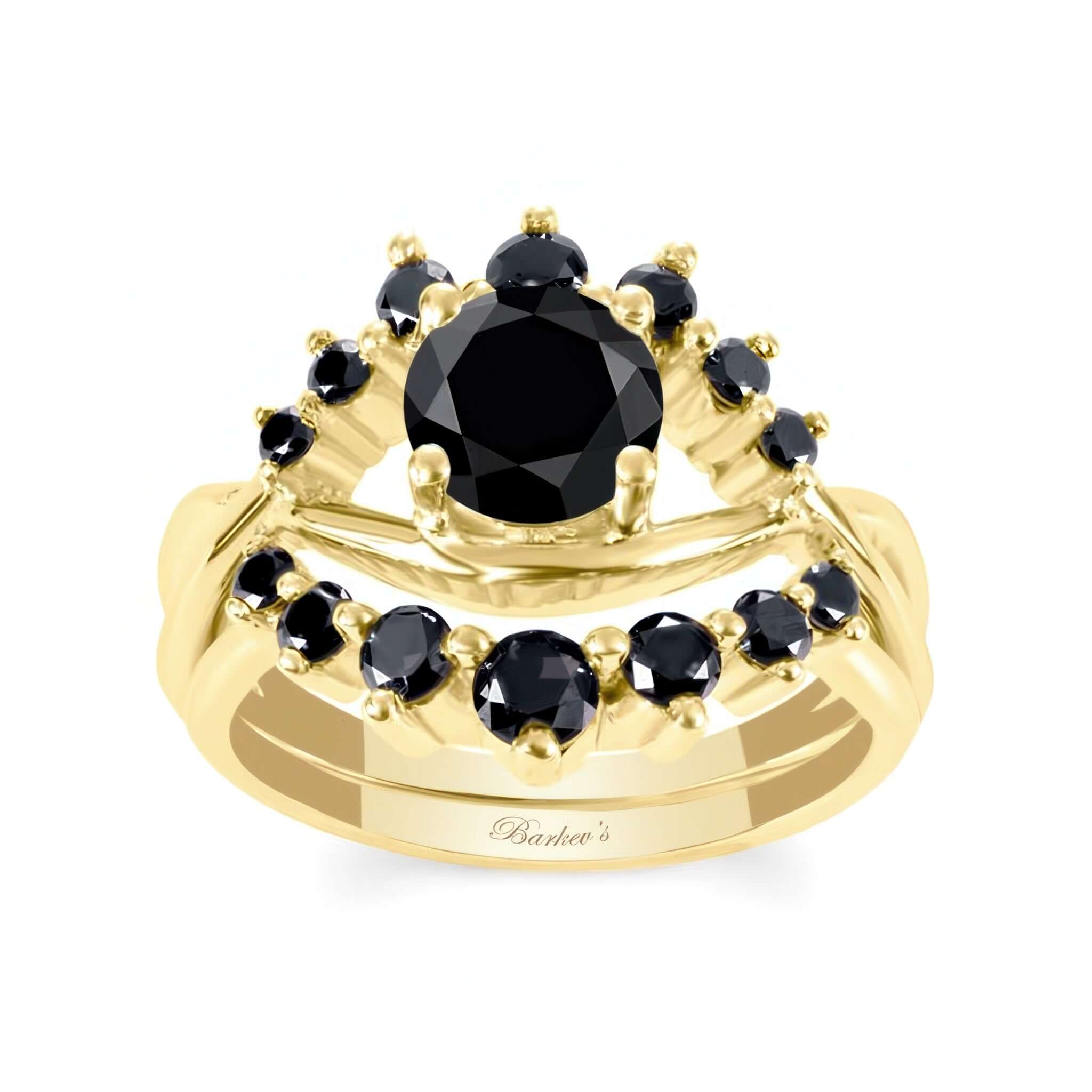 Black Diamond Unique Wedding Set featuring swirling designs and shared prong set black diamonds.