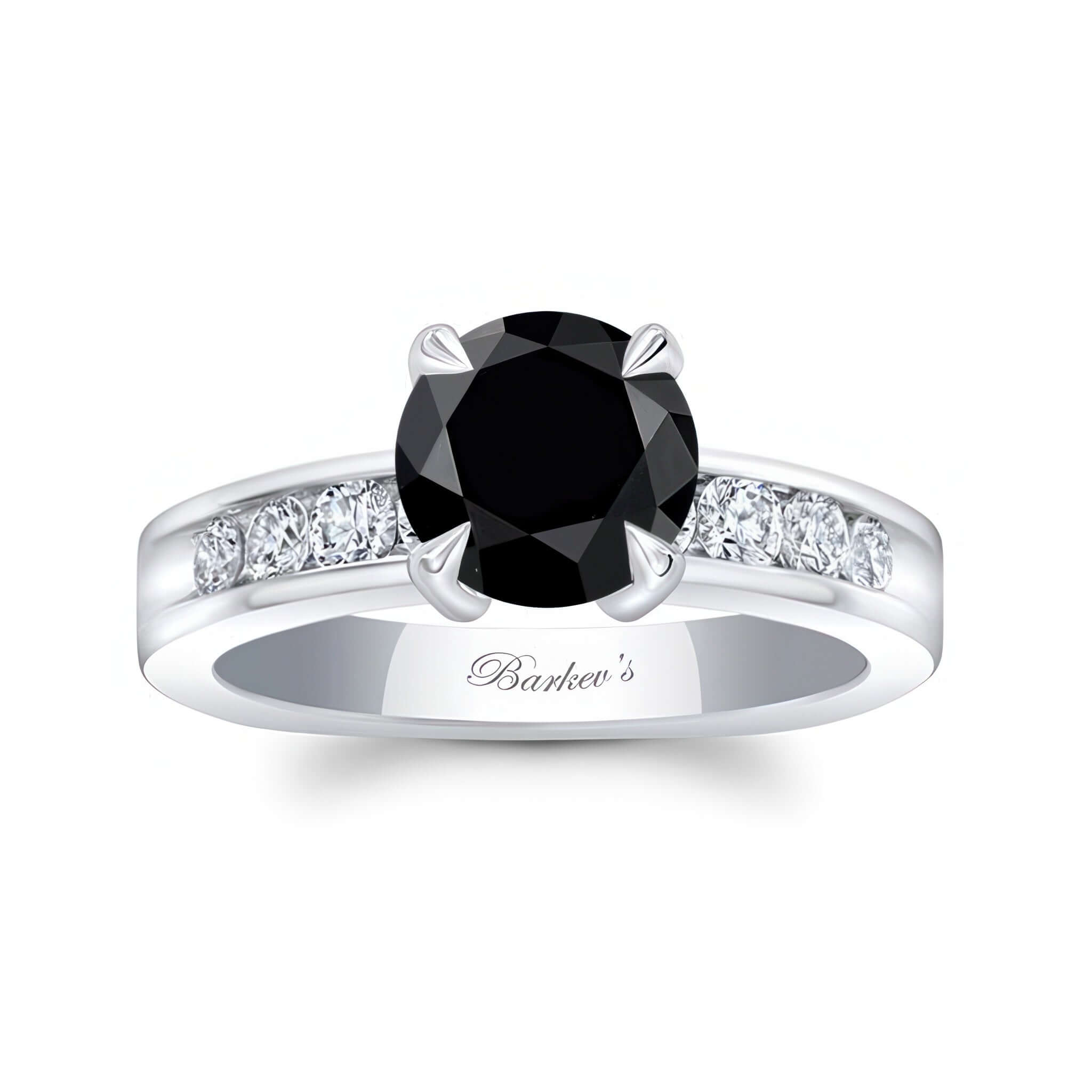 1 Carat Black And White Diamond Engagement Ring with a prong set round black diamond center and channel set white diamonds.