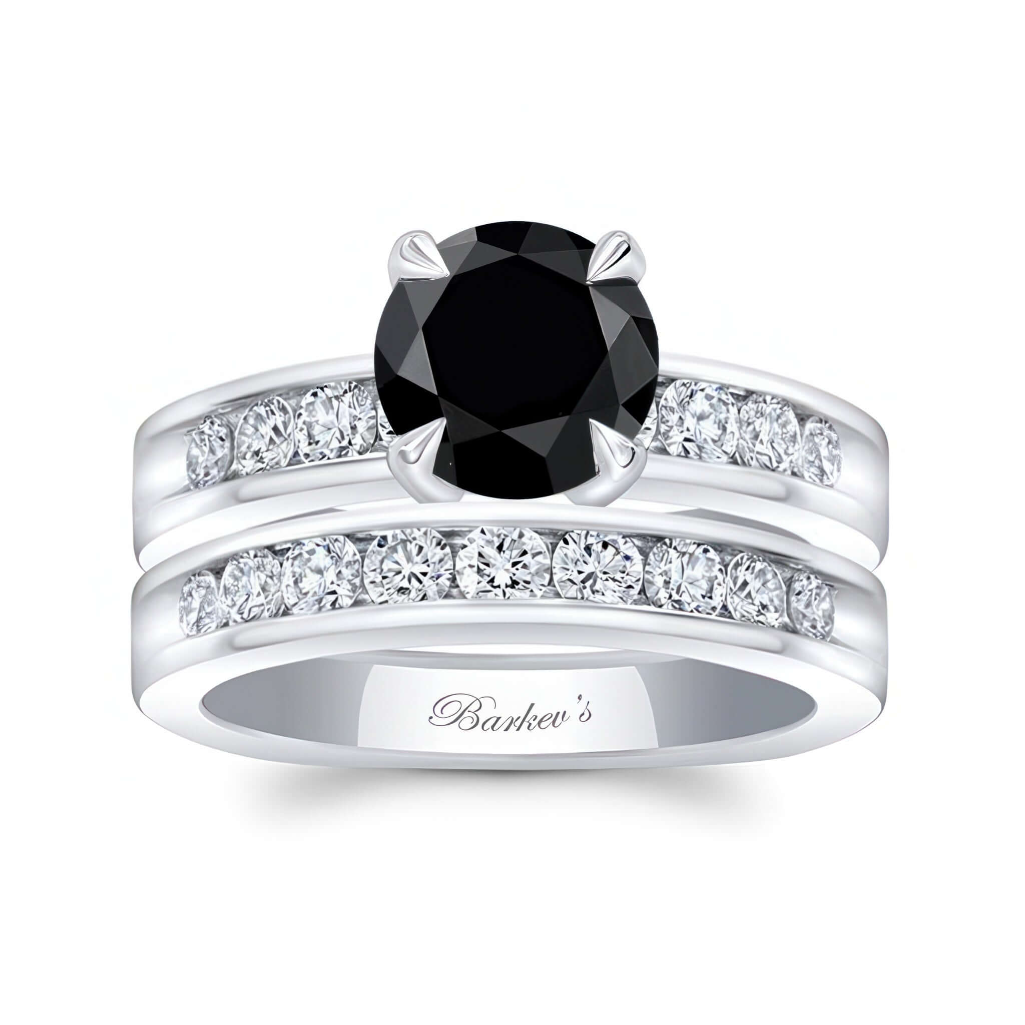 1 Carat Black And White Diamond Wedding Ring Set with prong set round center and channel set diamonds on the sides.