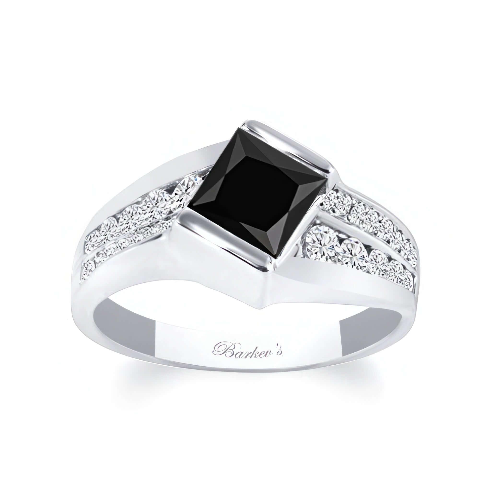 Princess Cut Channel Set Black And White Diamond Ring featuring a black diamond center set in a polished silver band.