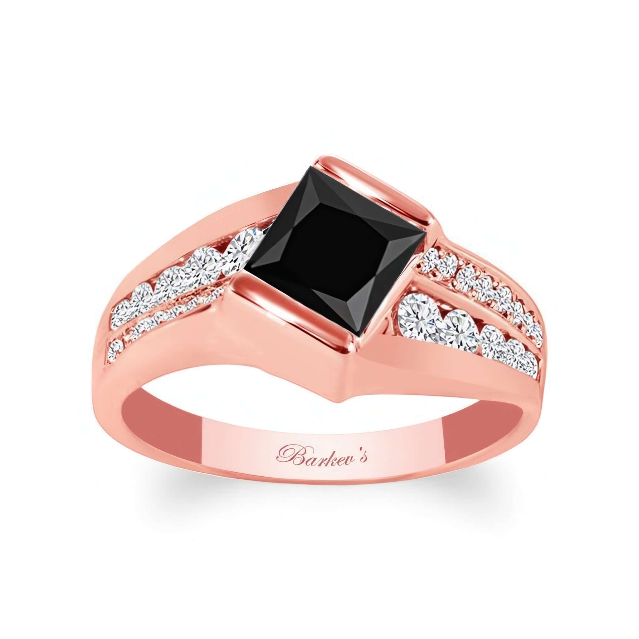 Princess Cut Channel Set Black And White Diamond Ring featuring a black diamond center and sparkling accents on the band.
