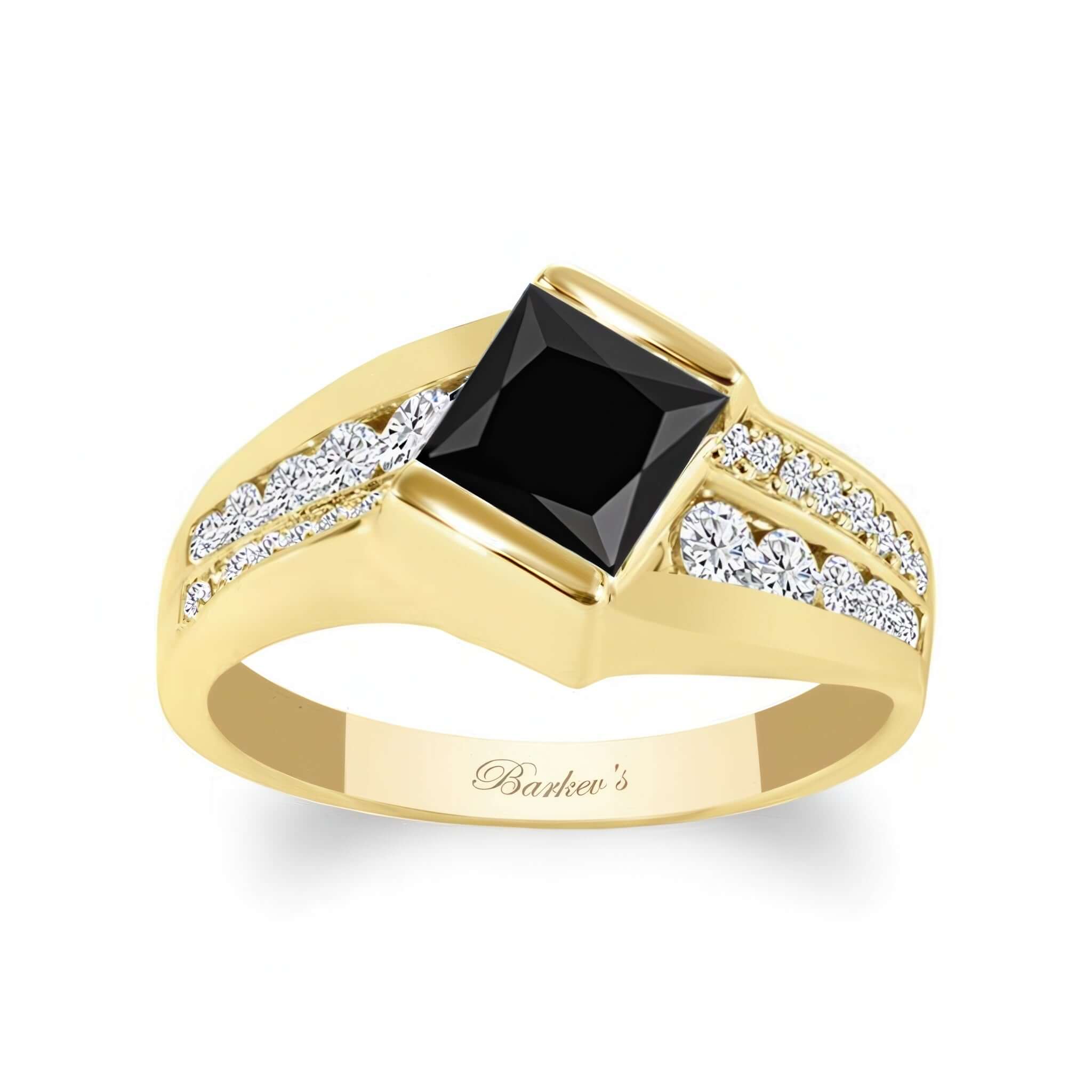 Princess Cut Channel Set Black And White Diamond Ring featuring a stunning black diamond in a gold setting with channel set diamonds.
