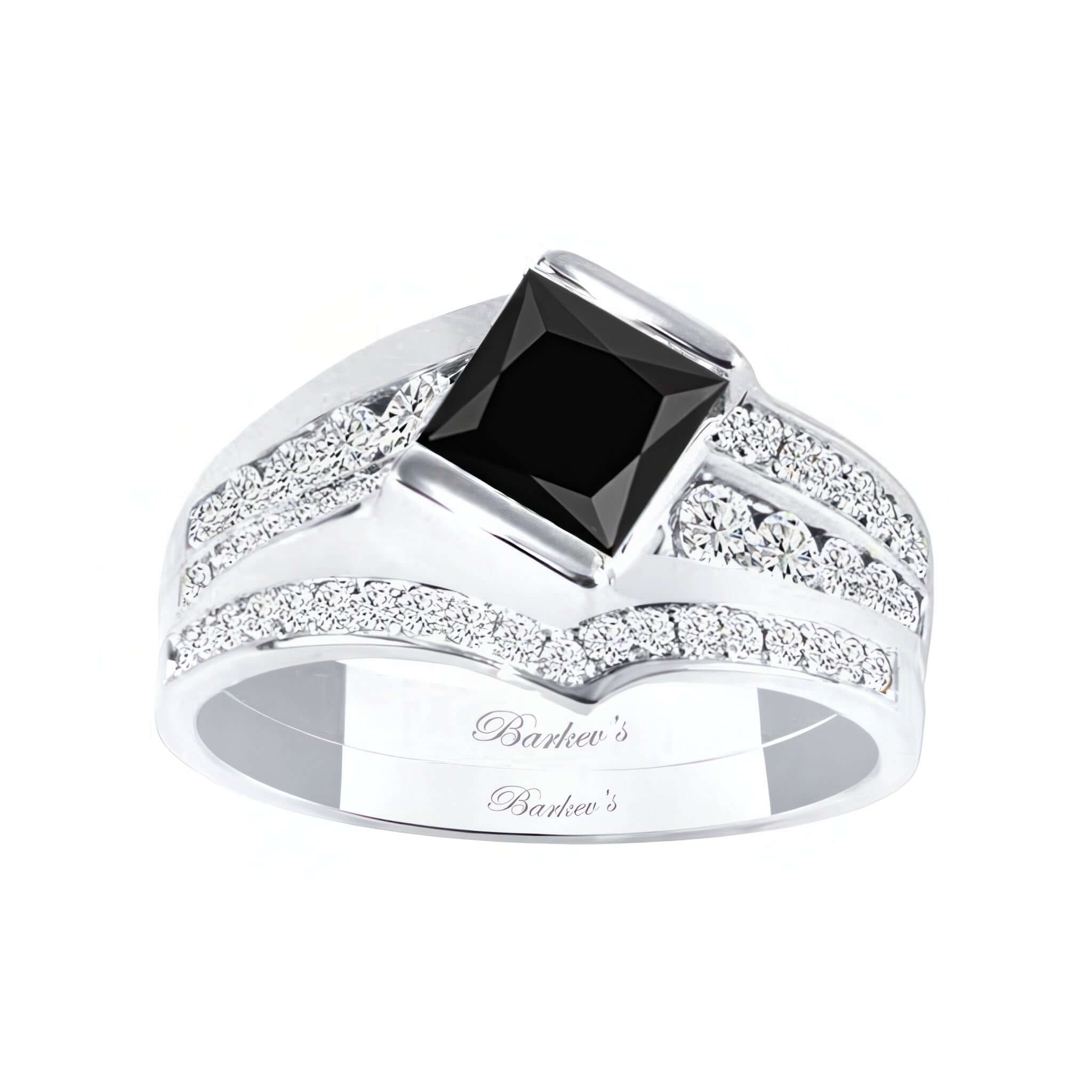Princess Cut Channel Set Black And White Diamond Ring Set featuring a black princess cut center with channel set diamonds.