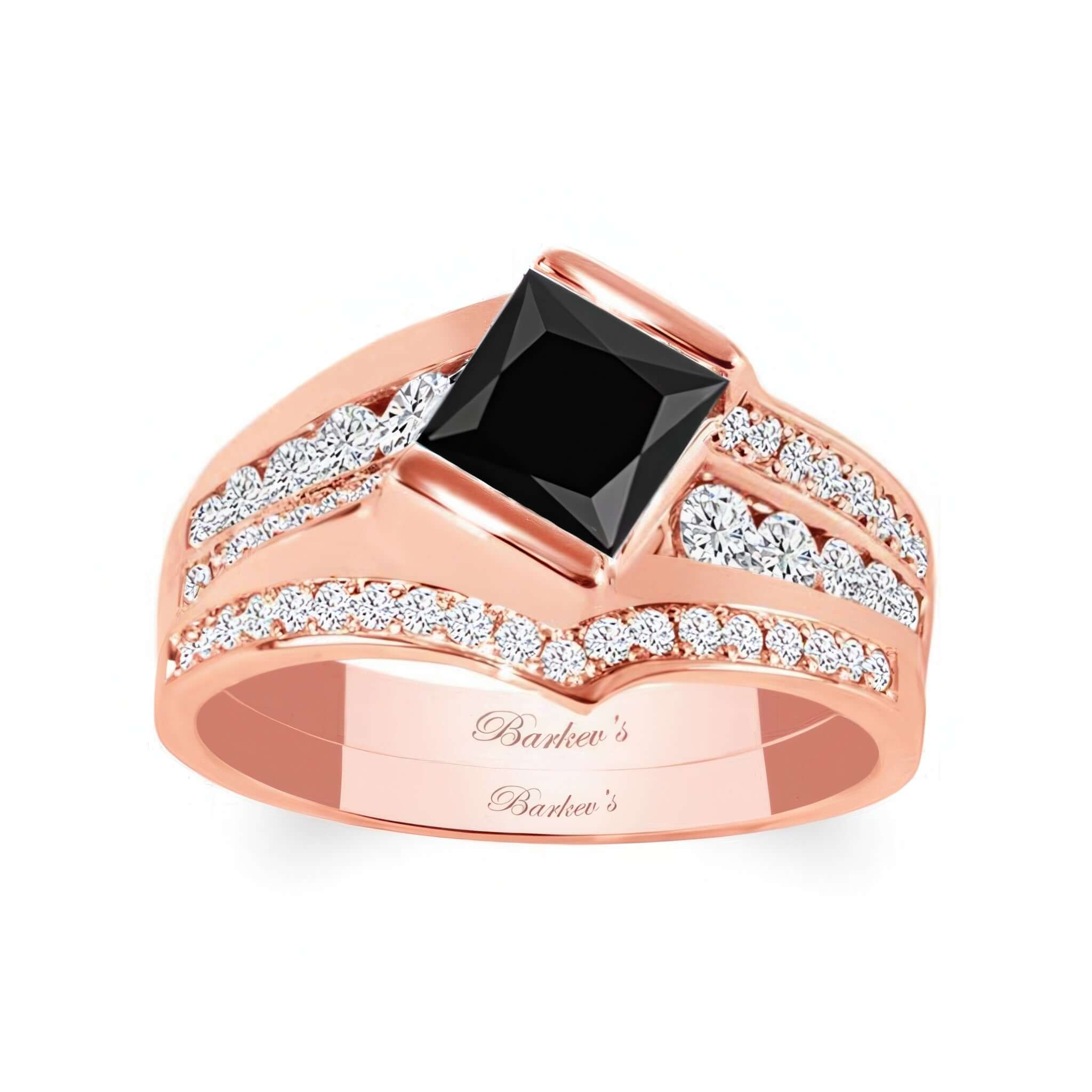 Princess Cut Channel Set Black And White Diamond Ring Set featuring a rose gold band and black center stone.
