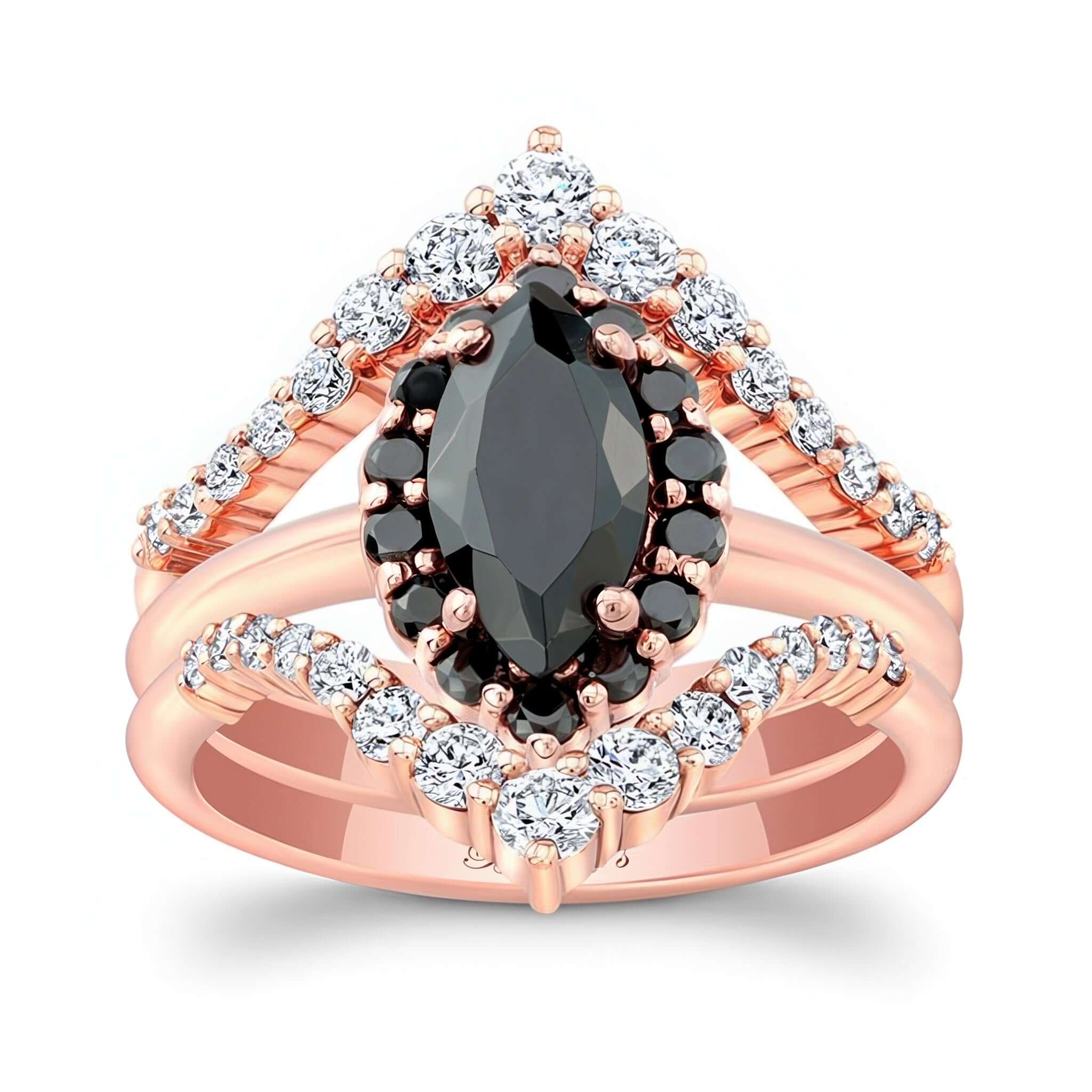 Marquise Cut Black Diamond Wedding Set With 2 White Diamond Bands