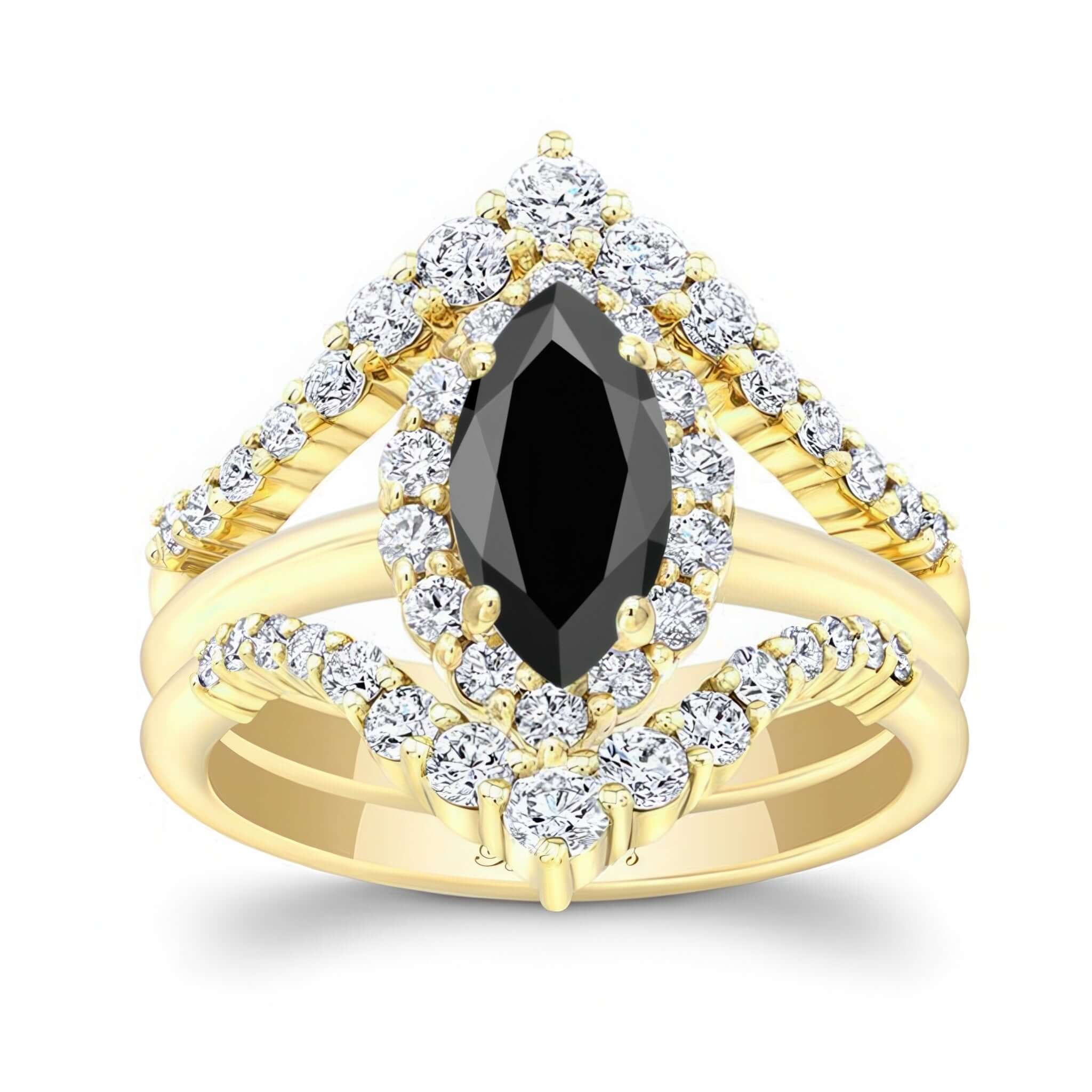 Marquise Cut Black And White Diamond Wedding Set With 2 Bands