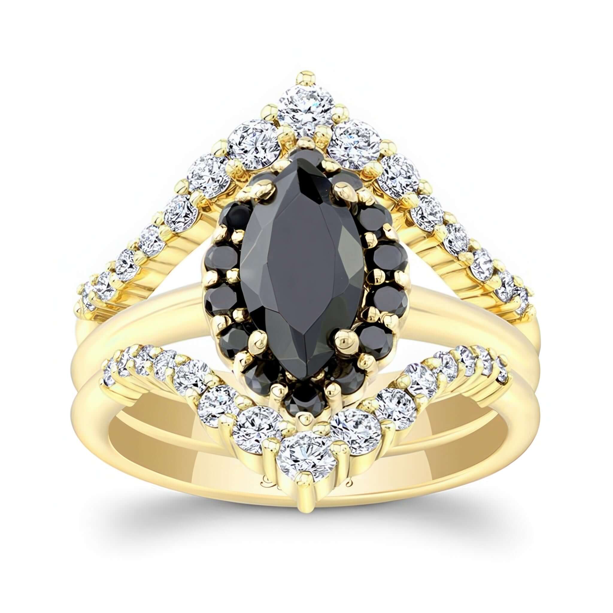 Marquise Cut Black Diamond Wedding Set With 2 White Diamond Bands