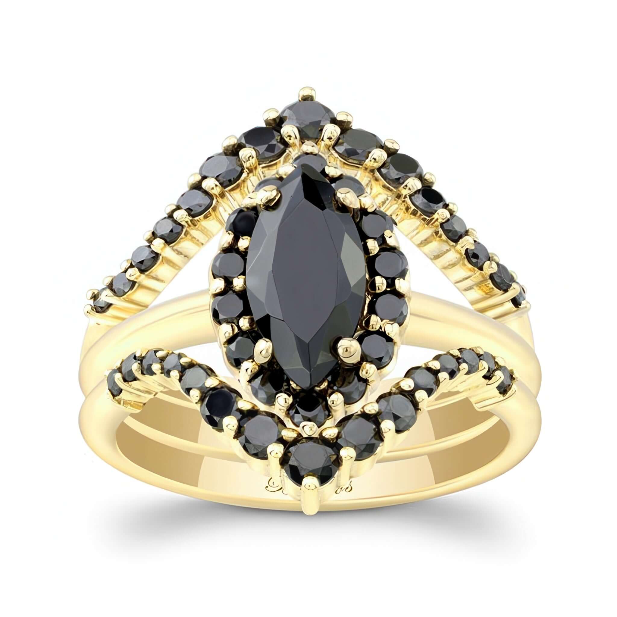 Marquise Cut Black Diamond Wedding Set With 2 Bands